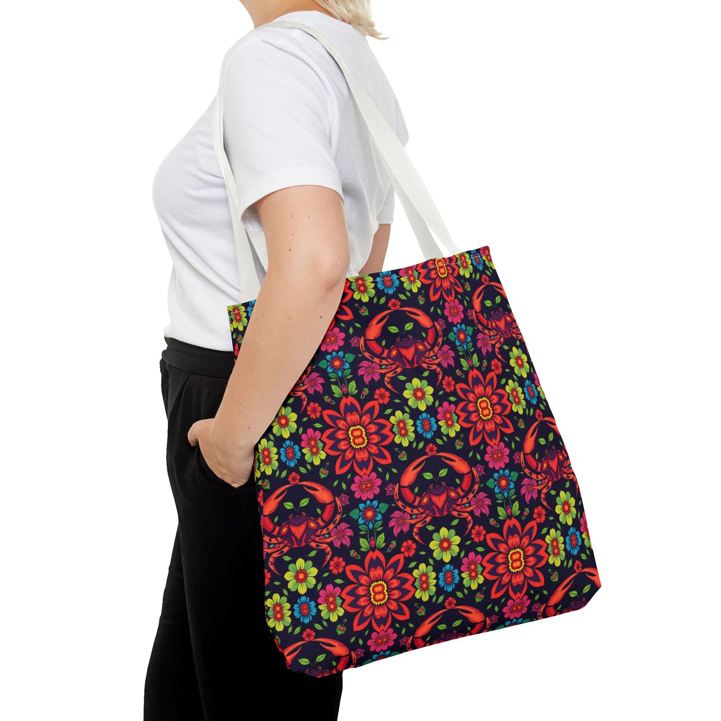 Tote Bag, (AOP), Cancer, Zodiac, Flower Pattern