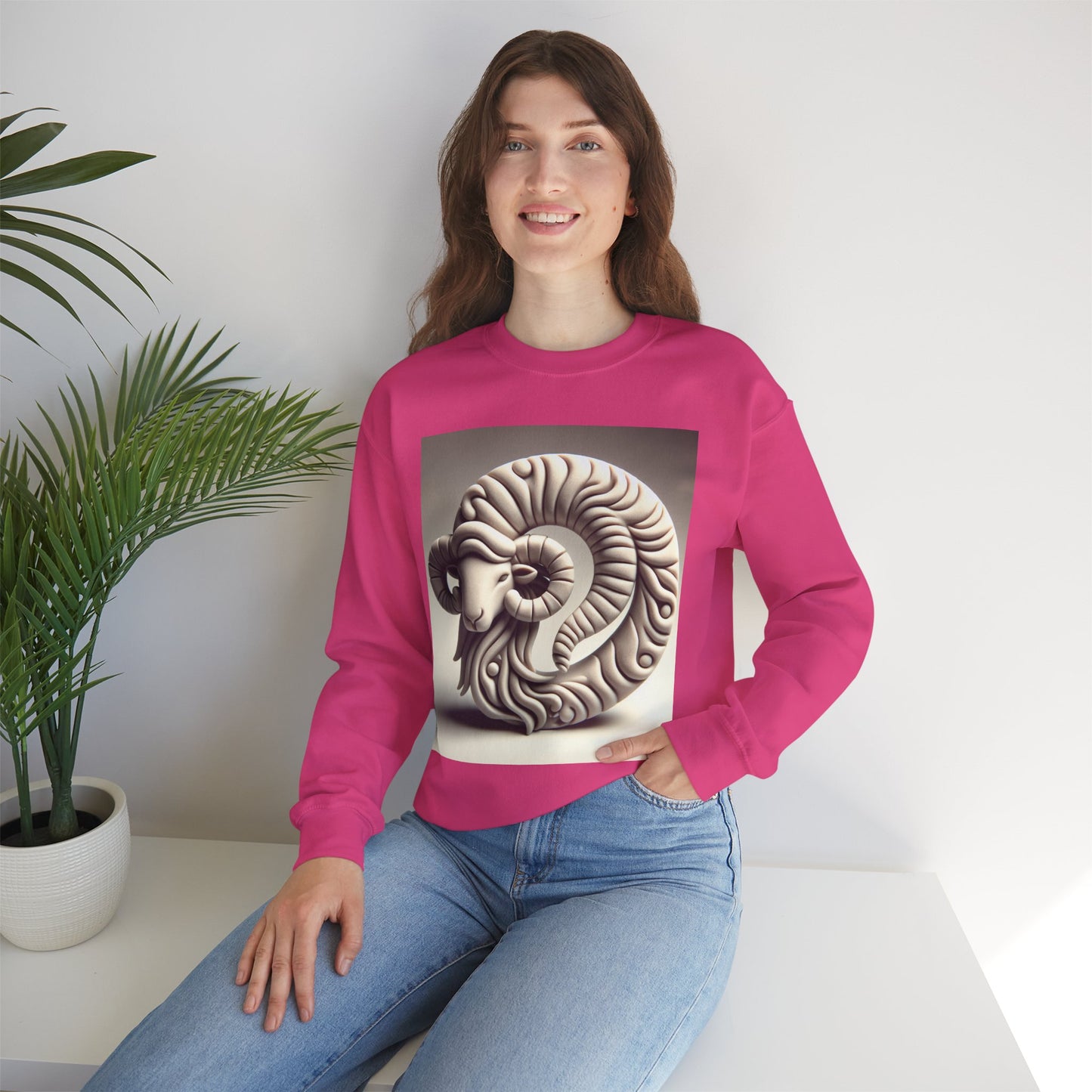 Unisex Heavy Blend™ Crewneck Sweatshirt, Round Statue, Aries Zodiac Design