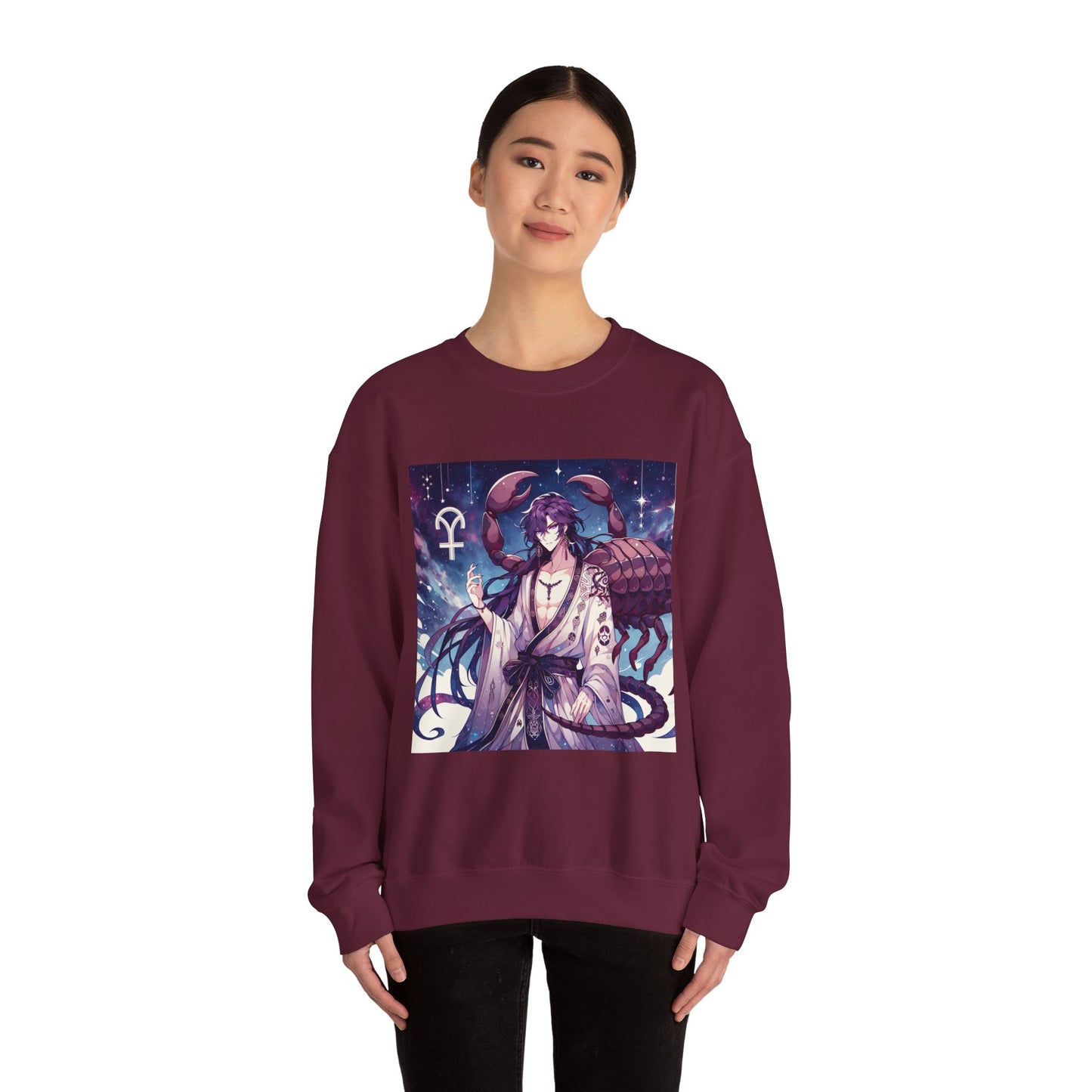 Unisex Heavy Blend™ Crewneck Sweatshirt, Scorpio Zodiac Design, purple scorpion anime