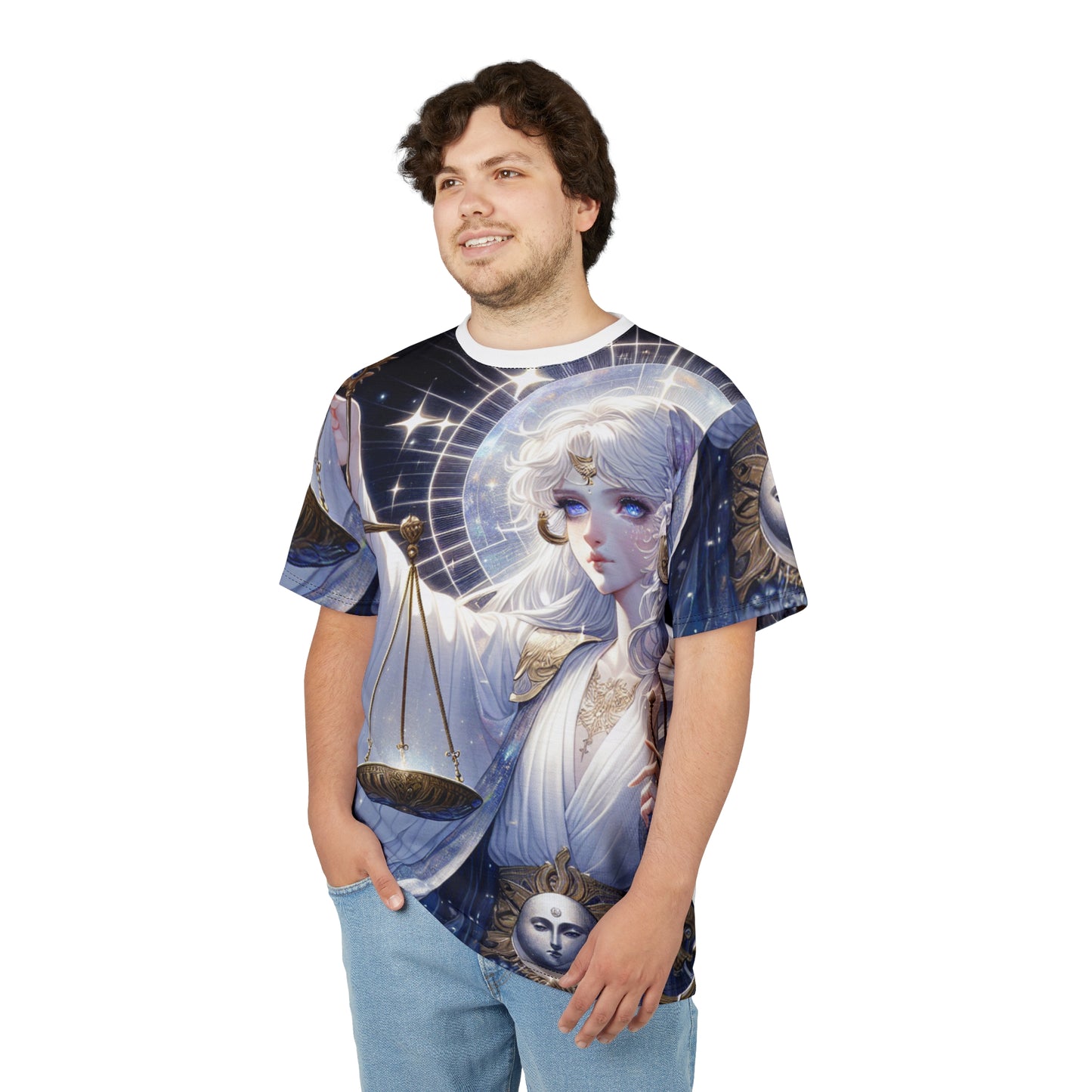 Unisex Cut & Sew T-Shirt (AOP), Angel with Scale, Libra Zodiac Design, Regular fit, 100% Polyester