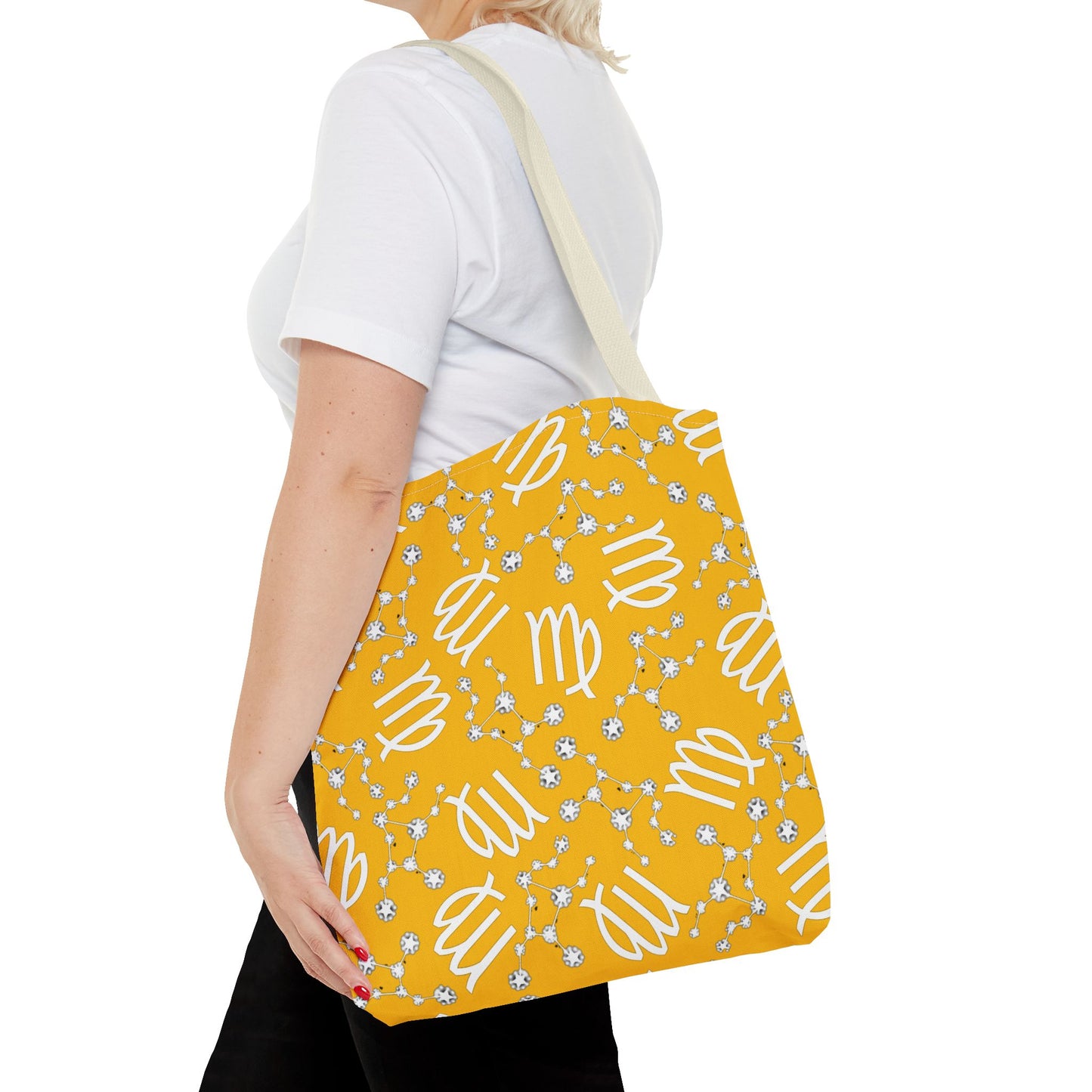 Tote Bag, Virgo Zodiac Sign, AOP, (Yellow White)