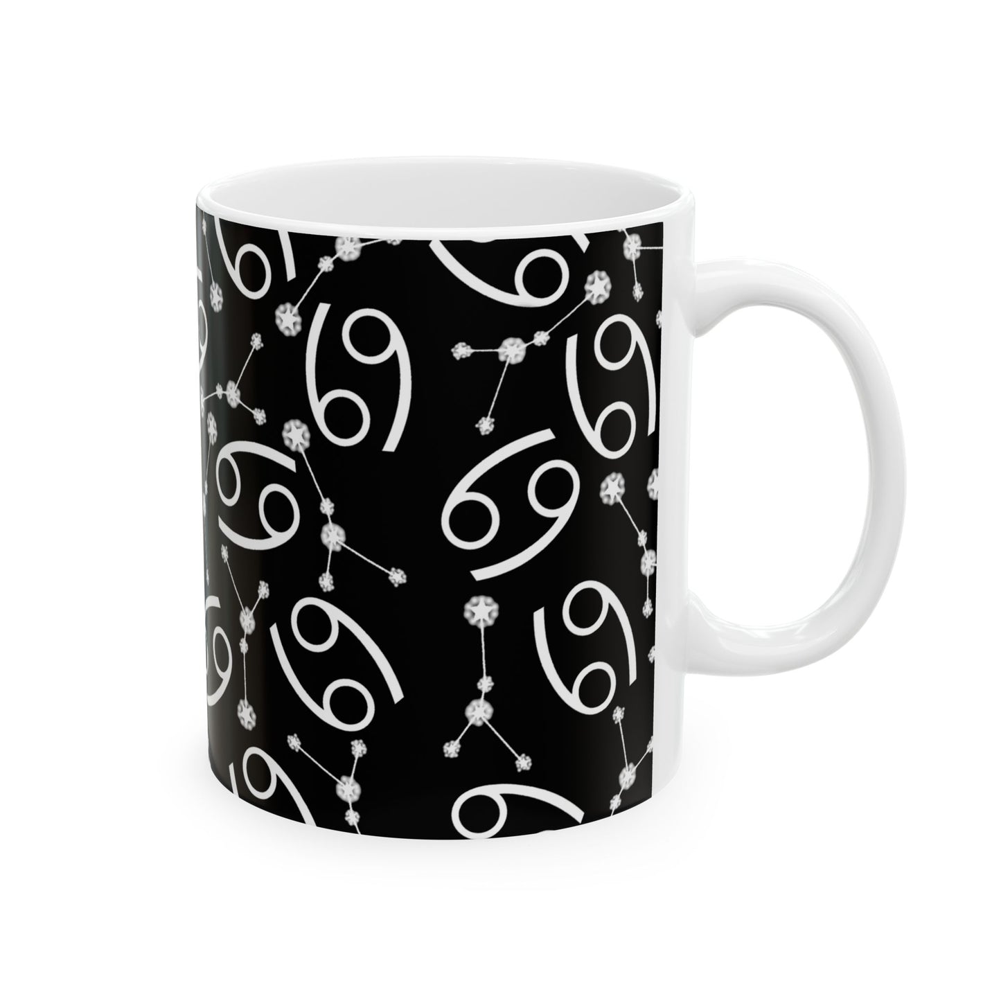 Ceramic Mug, (11oz, 15oz), Ceramic Coffee Mug, Black AOP, Cancer Zodiac Design
