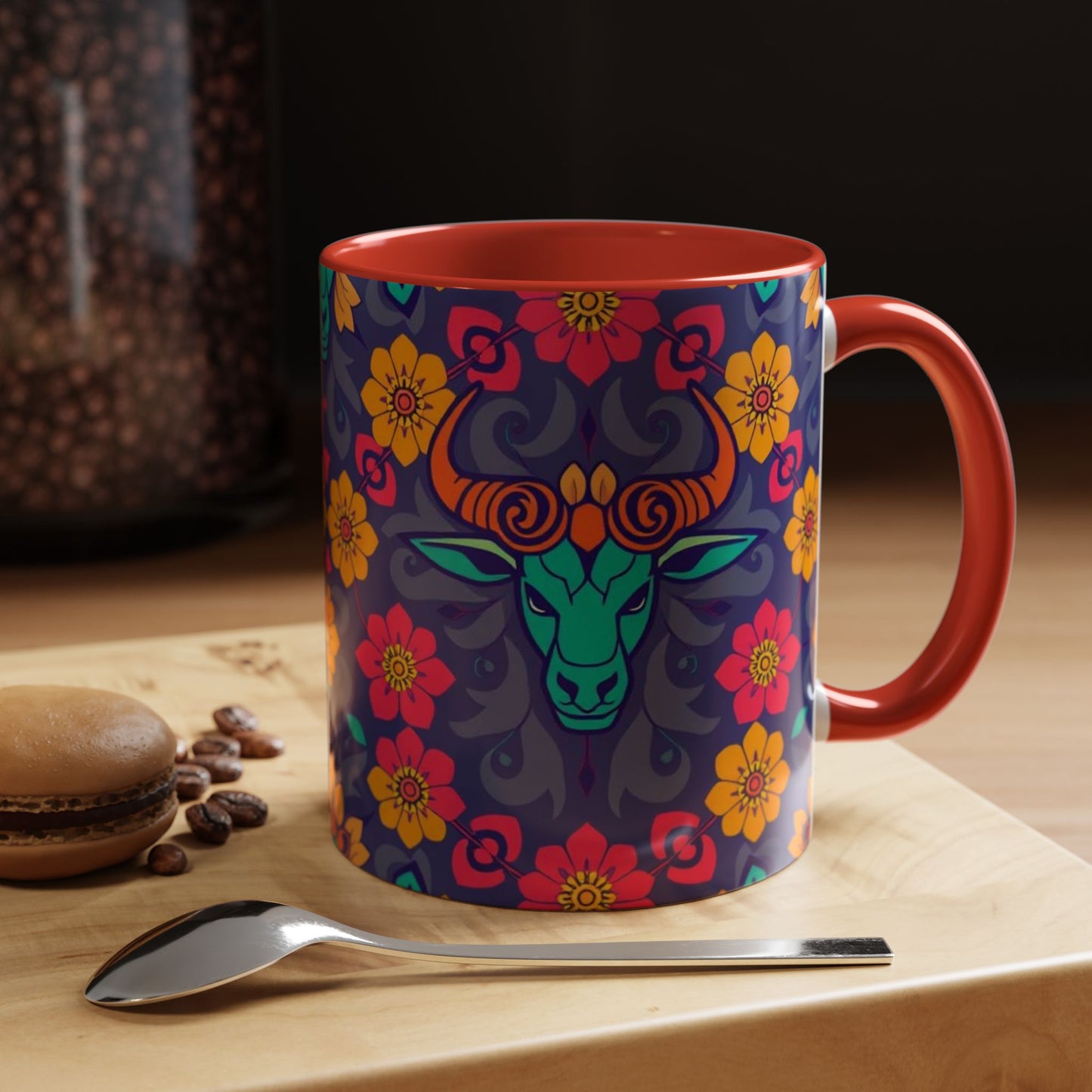 Accent Coffee Mug, Taurus, Zodiac. Flower Pattern, (11, 15oz)