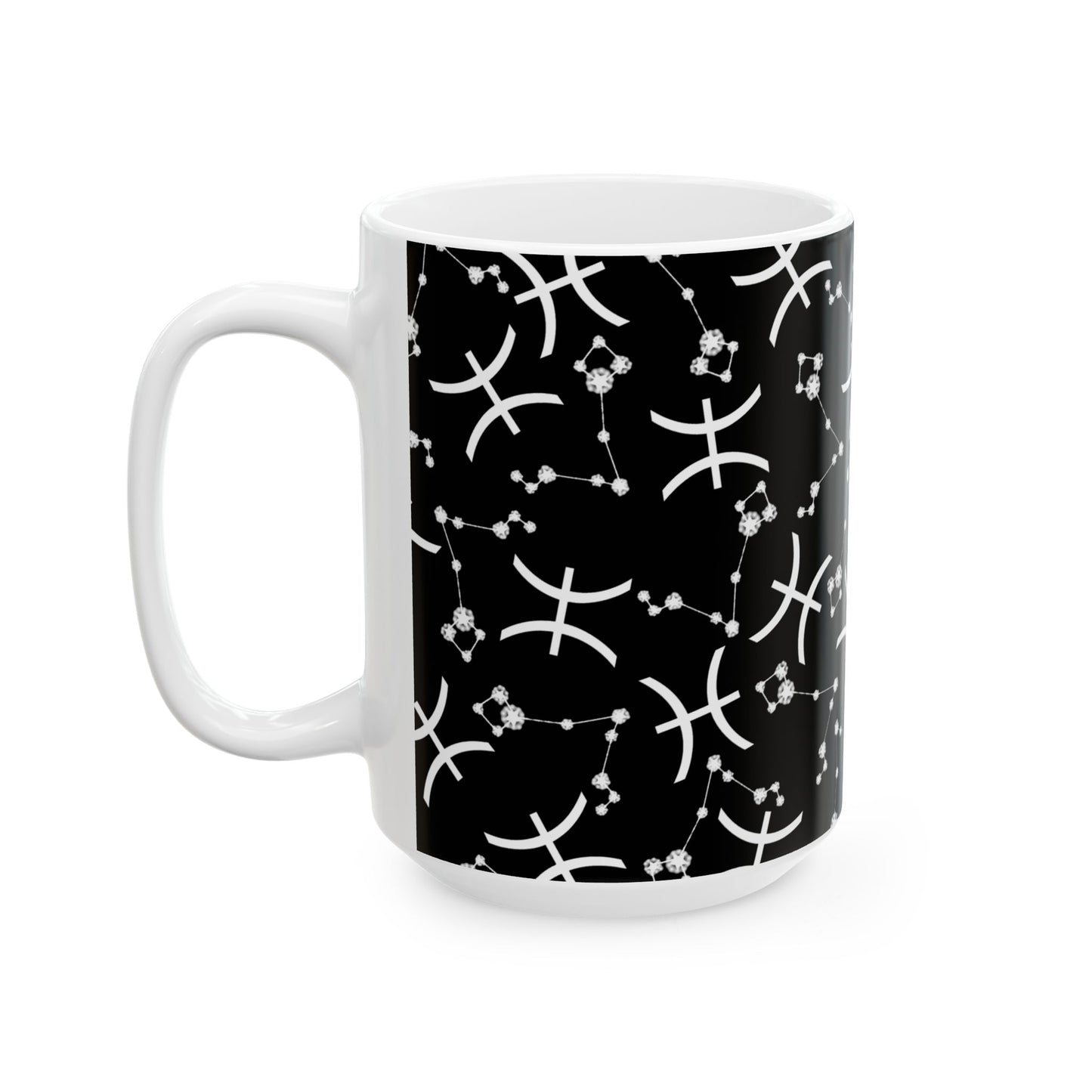 Ceramic Mug, (11oz, 15oz), Ceramic Coffee Mug, Black AOP, Pisces Zodiac Design