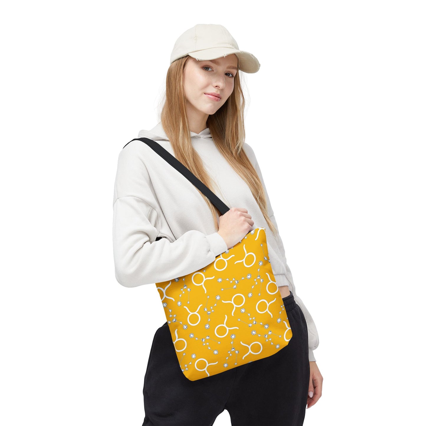 Tote Bag, Taurus Zodiac Sign, AOP, (Yellow, White)