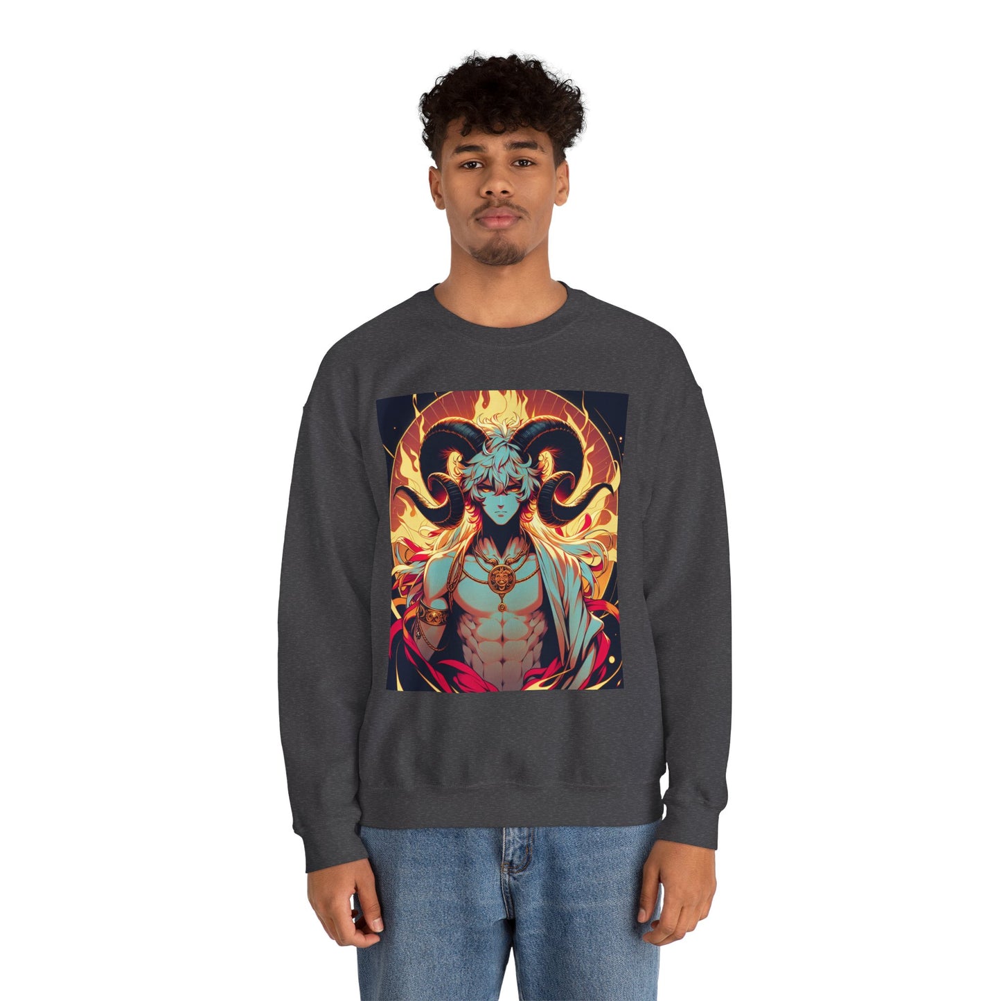Unisex Heavy Blend™ Crewneck Sweatshirt, Anime Fire Aries, Zodiac Design