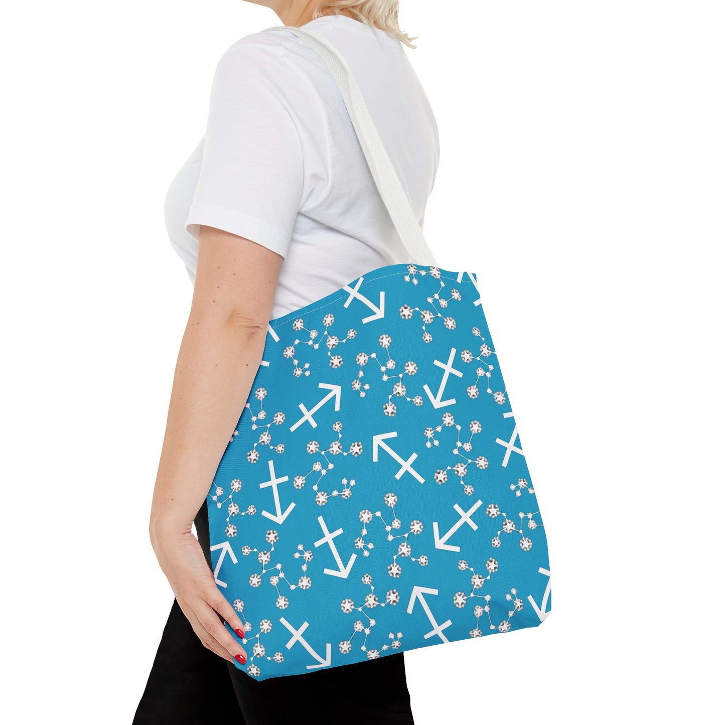 Tote Bag, Sagittarius Zodiac Sign, AOP, (Turquoise, White Print)