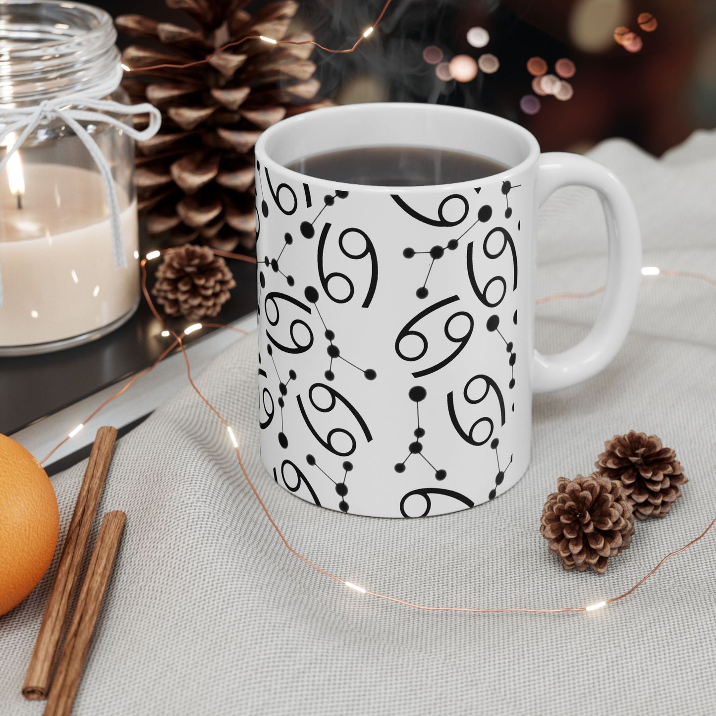 Ceramic Mug, (11oz, 15oz), Ceramic Coffee Mug, AOP, Constellation & Symbol, Cancer Zodiac Design