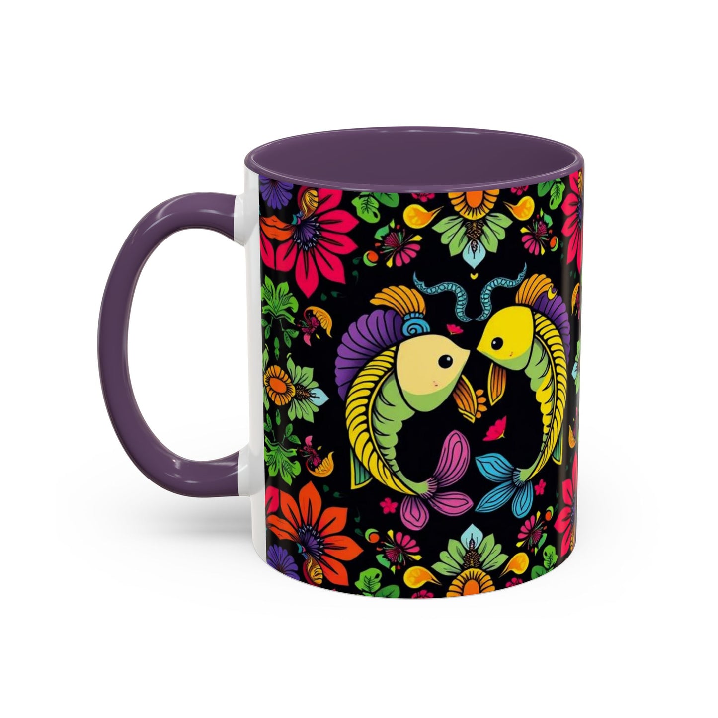 Accent Coffee Mug, Pisces, Zodiac v3, Flower Pattern, (11, 15oz)