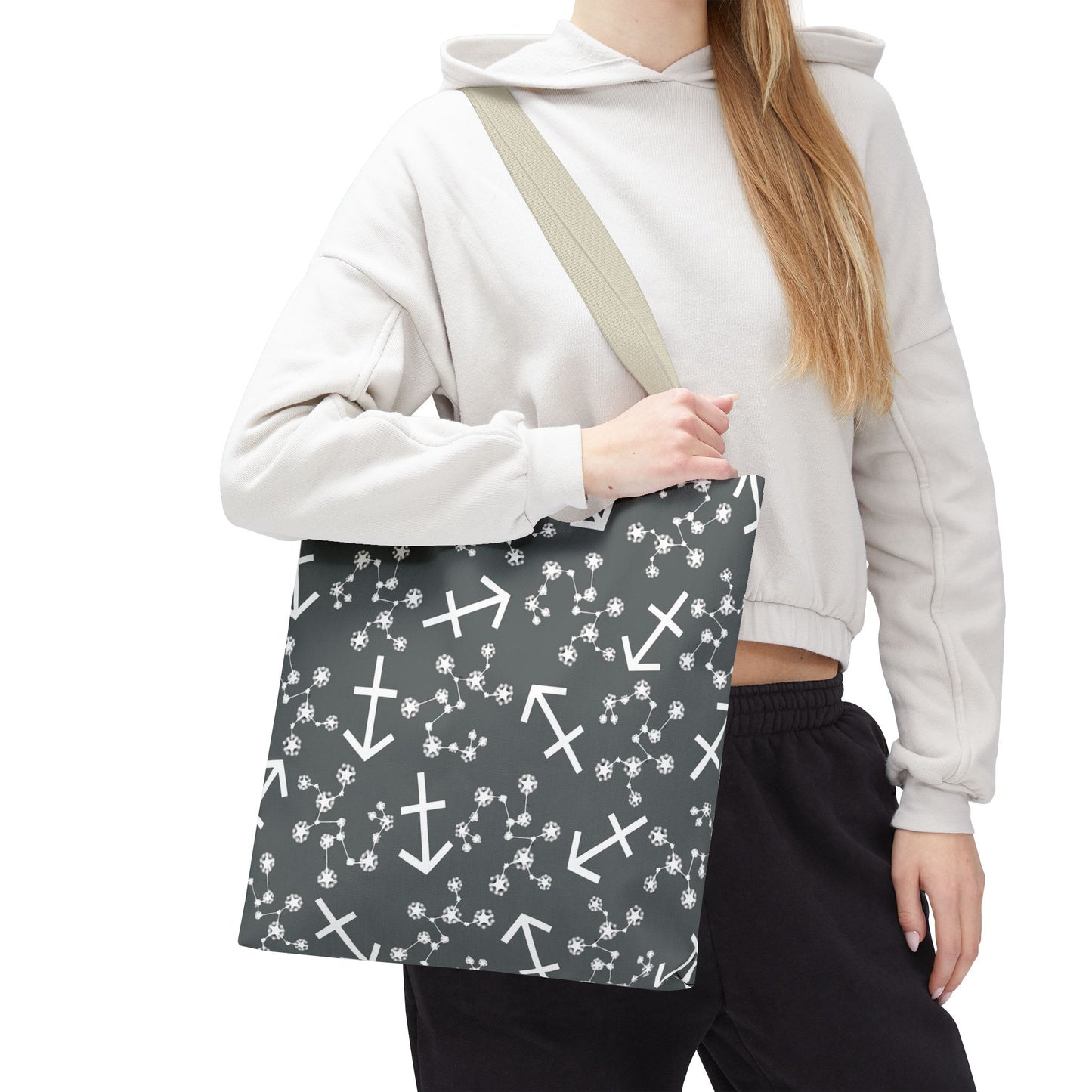 Tote Bag, Sagittarius Zodiac Sign, AOP, (Grey, White Print)