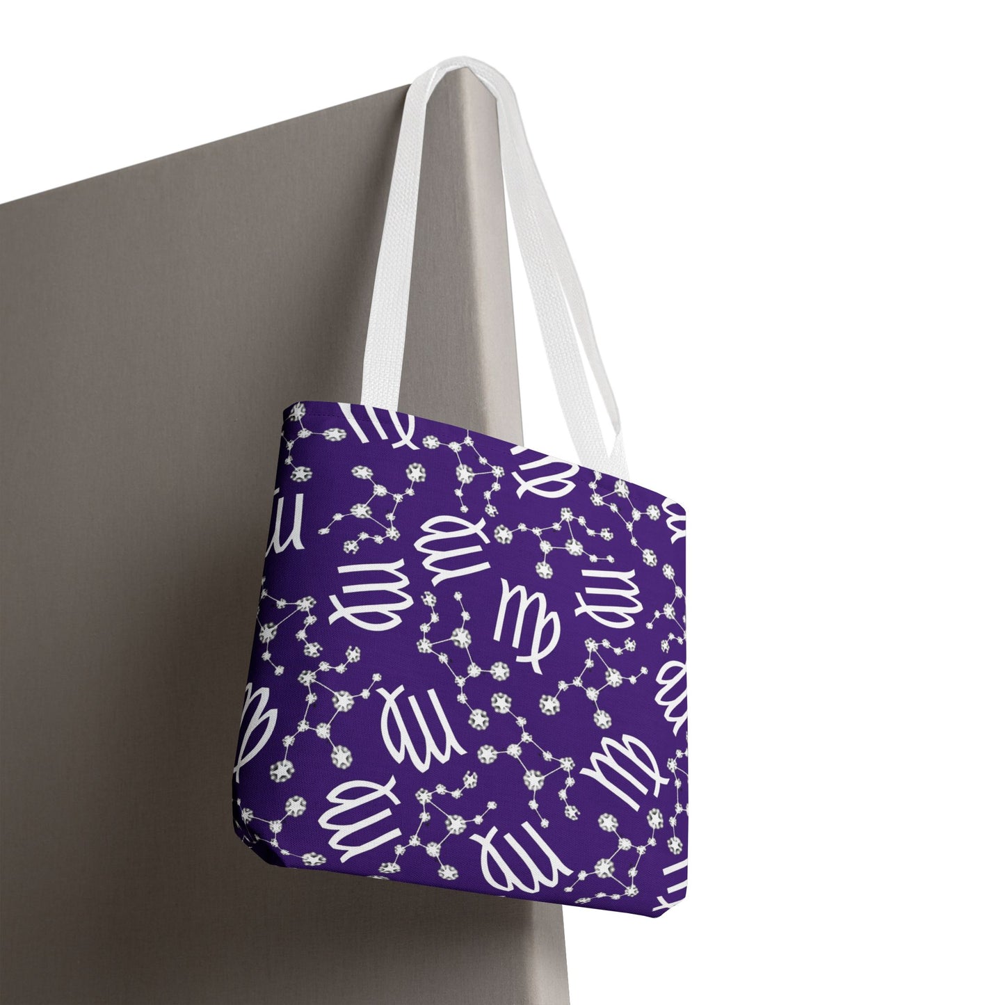 Tote Bag, Virgo Zodiac Sign, AOP, (Purple, White)