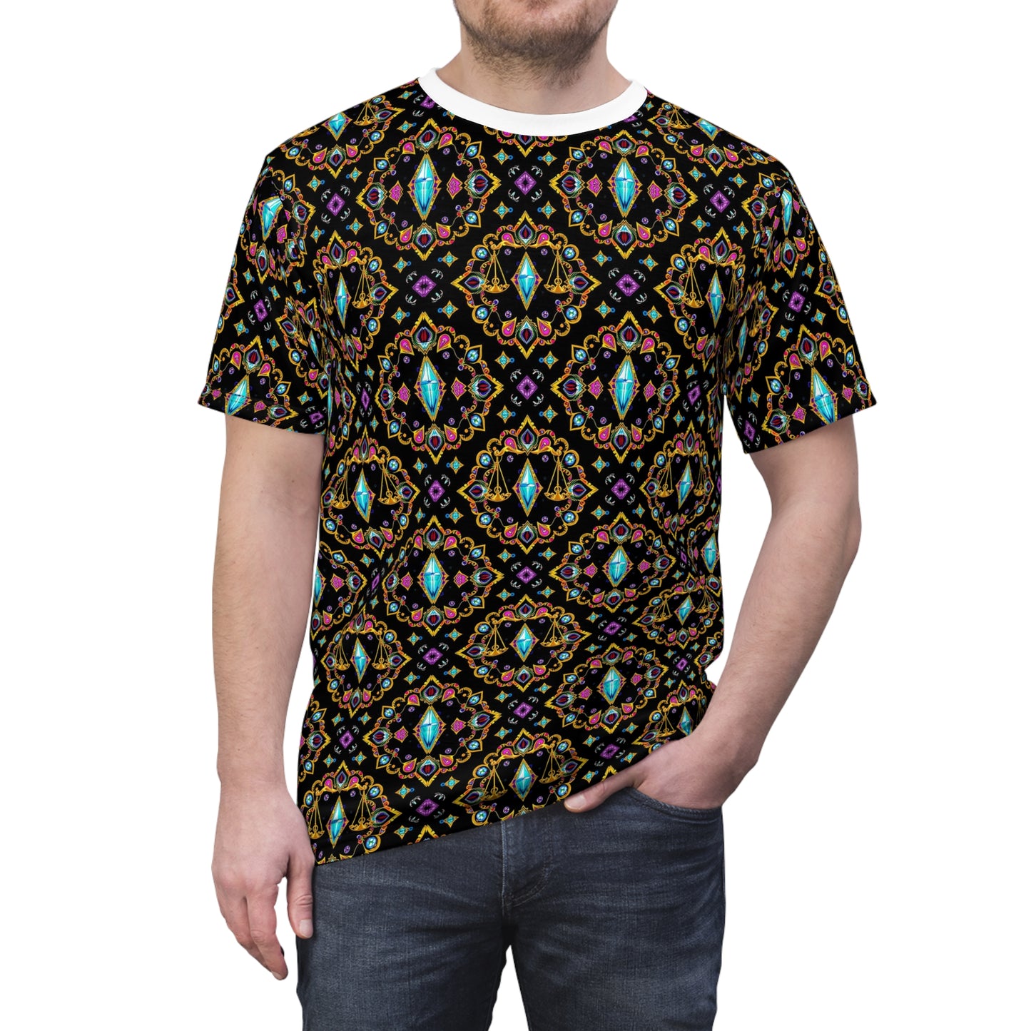 Unisex Cut & Sew T-Shirt, (AOP), Libra, Zodiac v1, Jewels Pattern