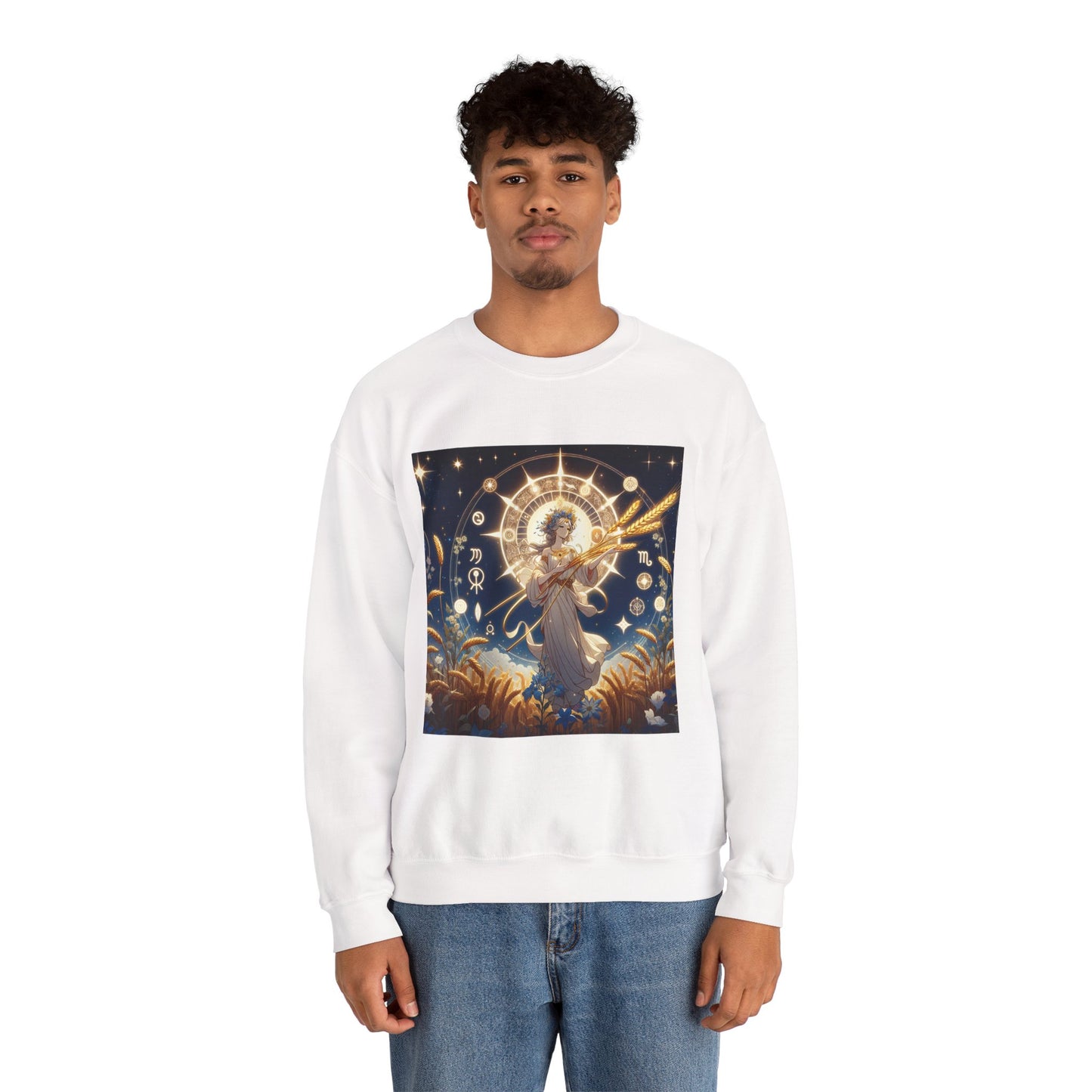 Unisex Heavy Blend™ Crewneck Sweatshirt, anime girl in wheat field, Virgo Zodiac Design