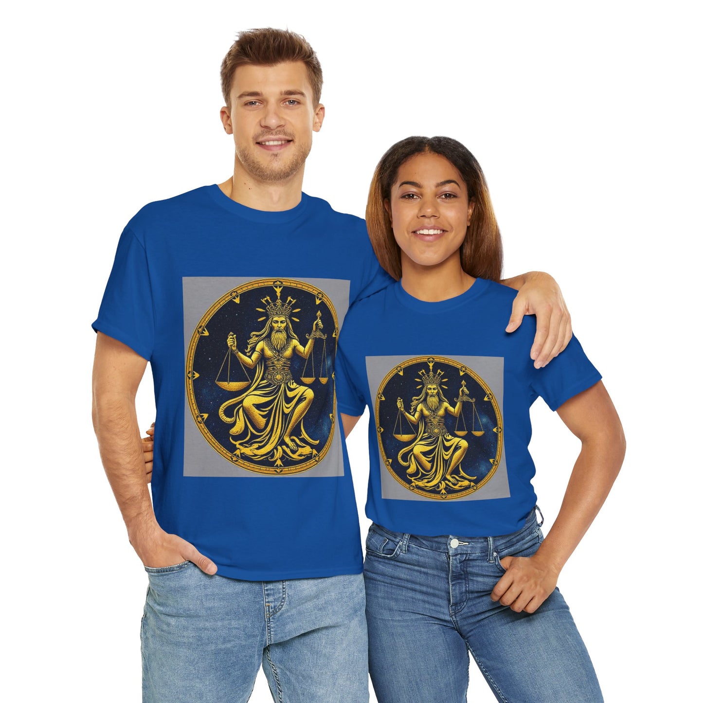 Unisex Heavy Cotton T-Shirt, Gold v1, Libra God, Zodiac Design