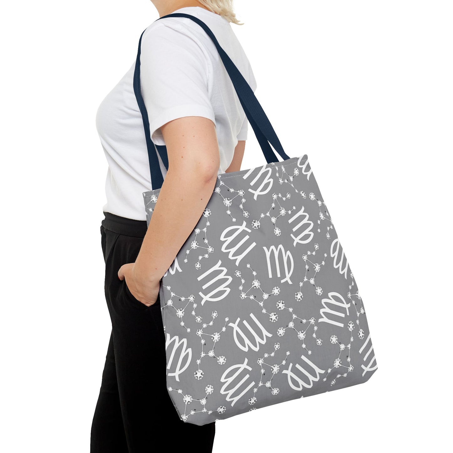 Tote Bag, Virgo Zodiac Sign, AOP, (Grey, White)