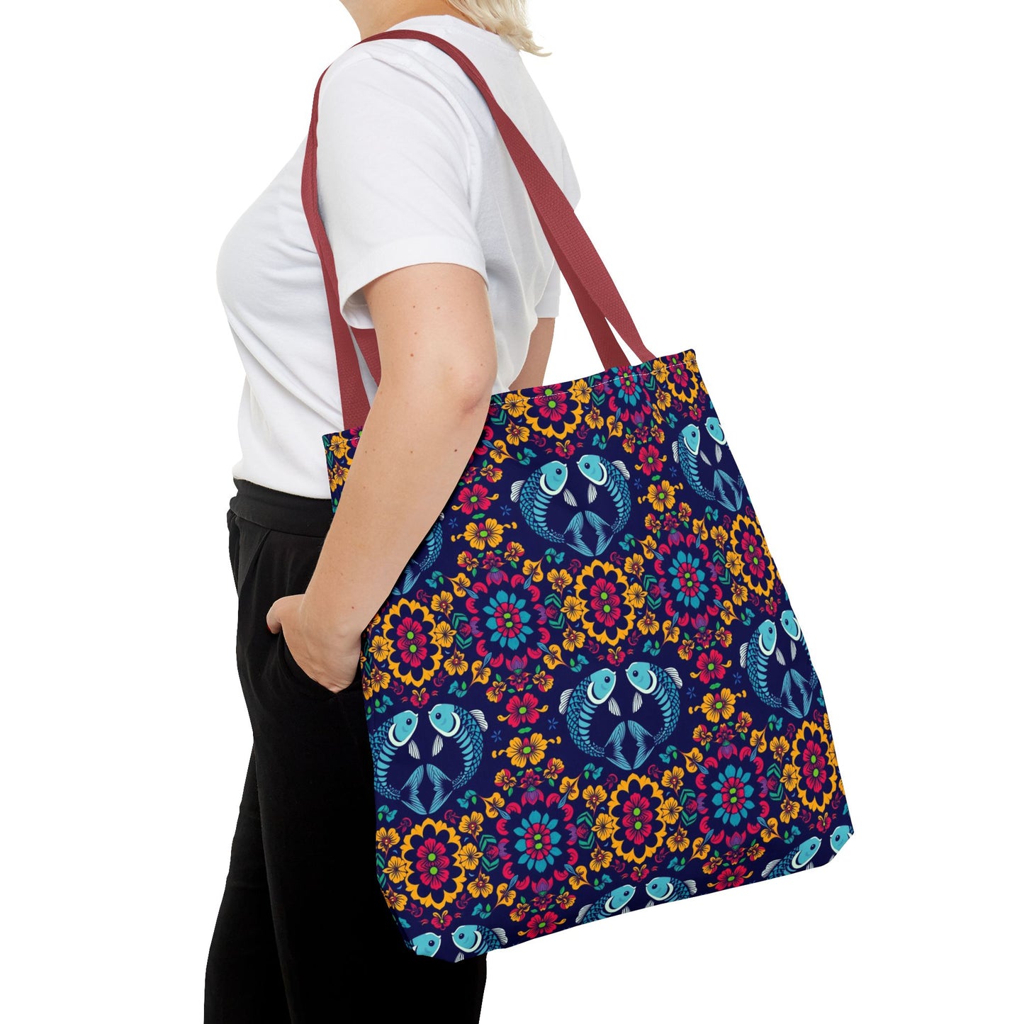 Tote Bag, (AOP), Pisces, Zodiac v3, Flower Pattern