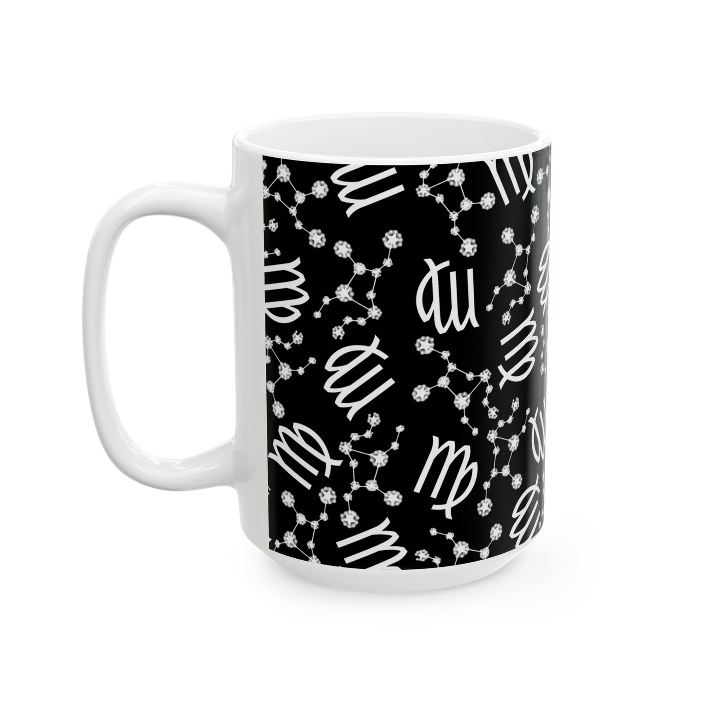 Ceramic Mug, (11oz, 15oz), Ceramic Coffee Mug, Black AOP, Virgo Zodiac Design