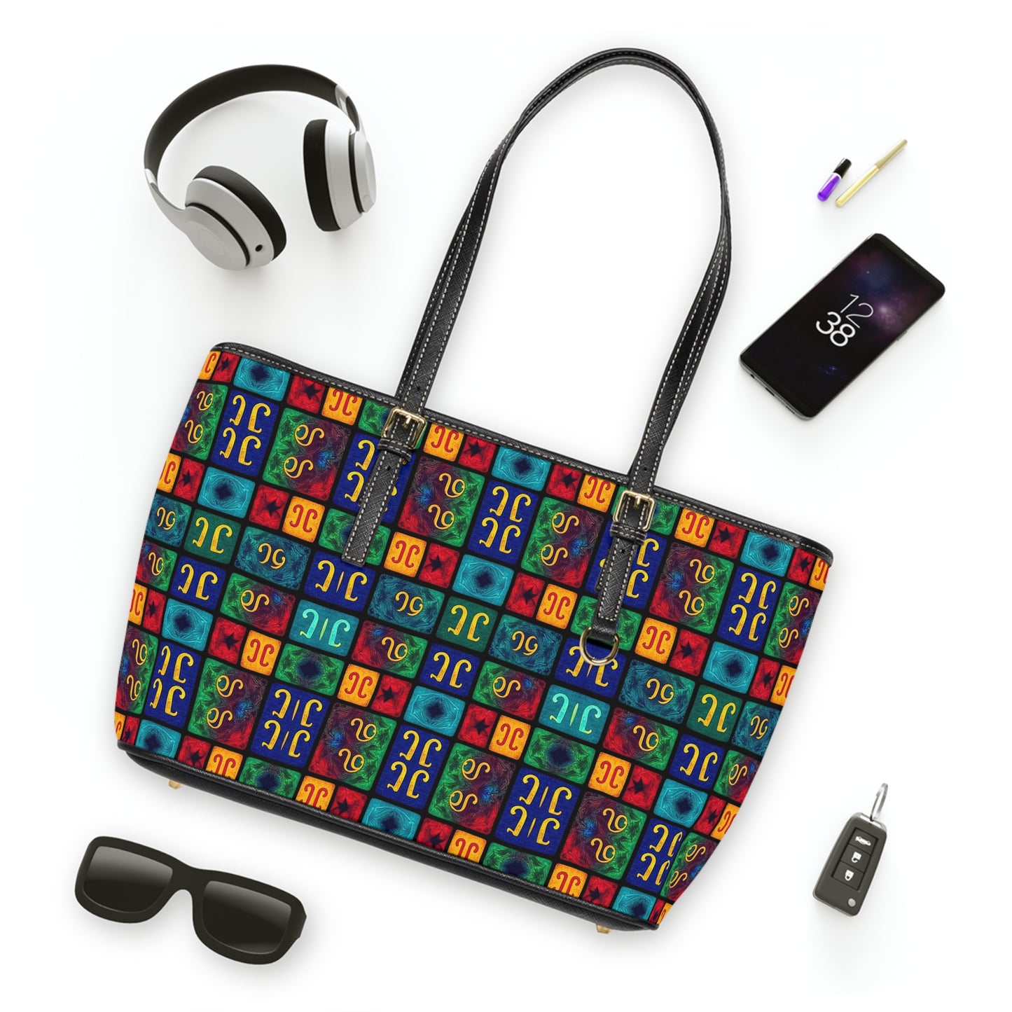 Leather Shoulder Bag, Aquarius, Zodiac v1, Shapes Pattern