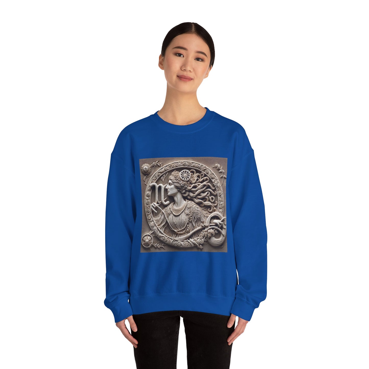Unisex Heavy Blend™ Crewneck Sweatshirt, Stone Carving, Virgo Zodiac Design