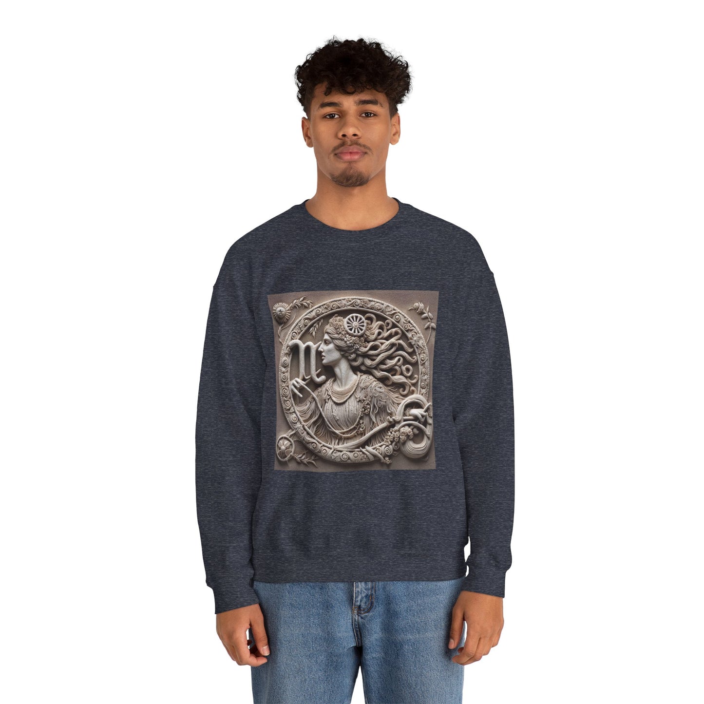 Unisex Heavy Blend™ Crewneck Sweatshirt, Stone Carving, Virgo Zodiac Design