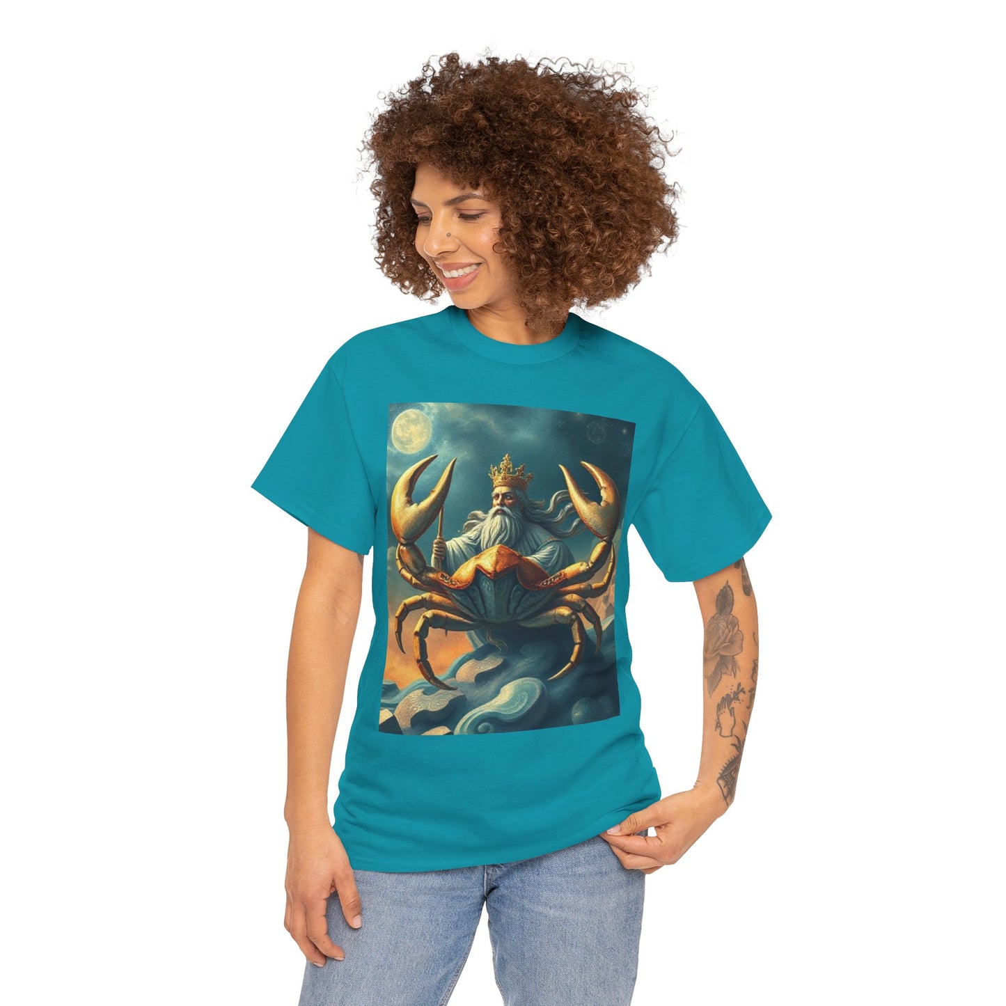 Unisex Heavy Cotton T-Shirt, Crustacean King v1, Cancer Zodiac Design