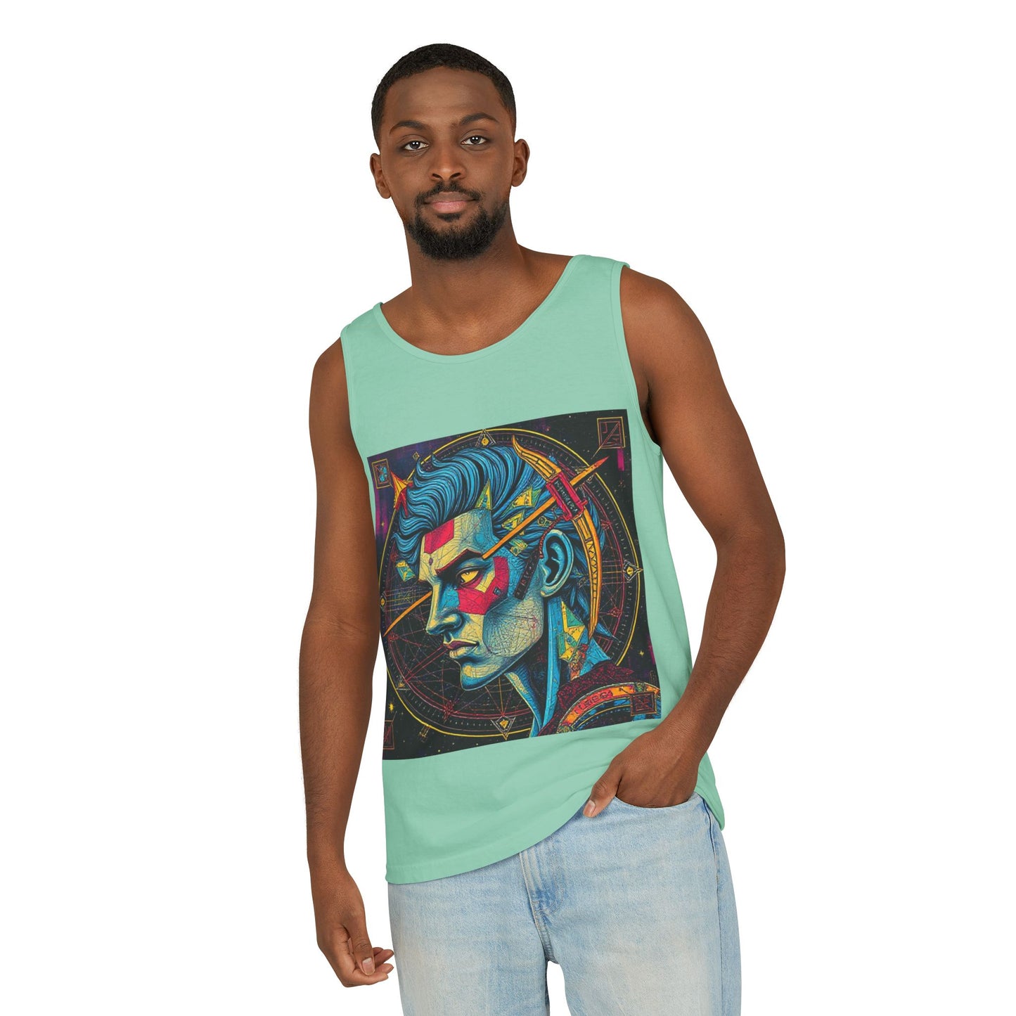 Unisex Garment-Dyed, Tank Top, Sagittarius Design, Pop Art v1, 100% US cotton