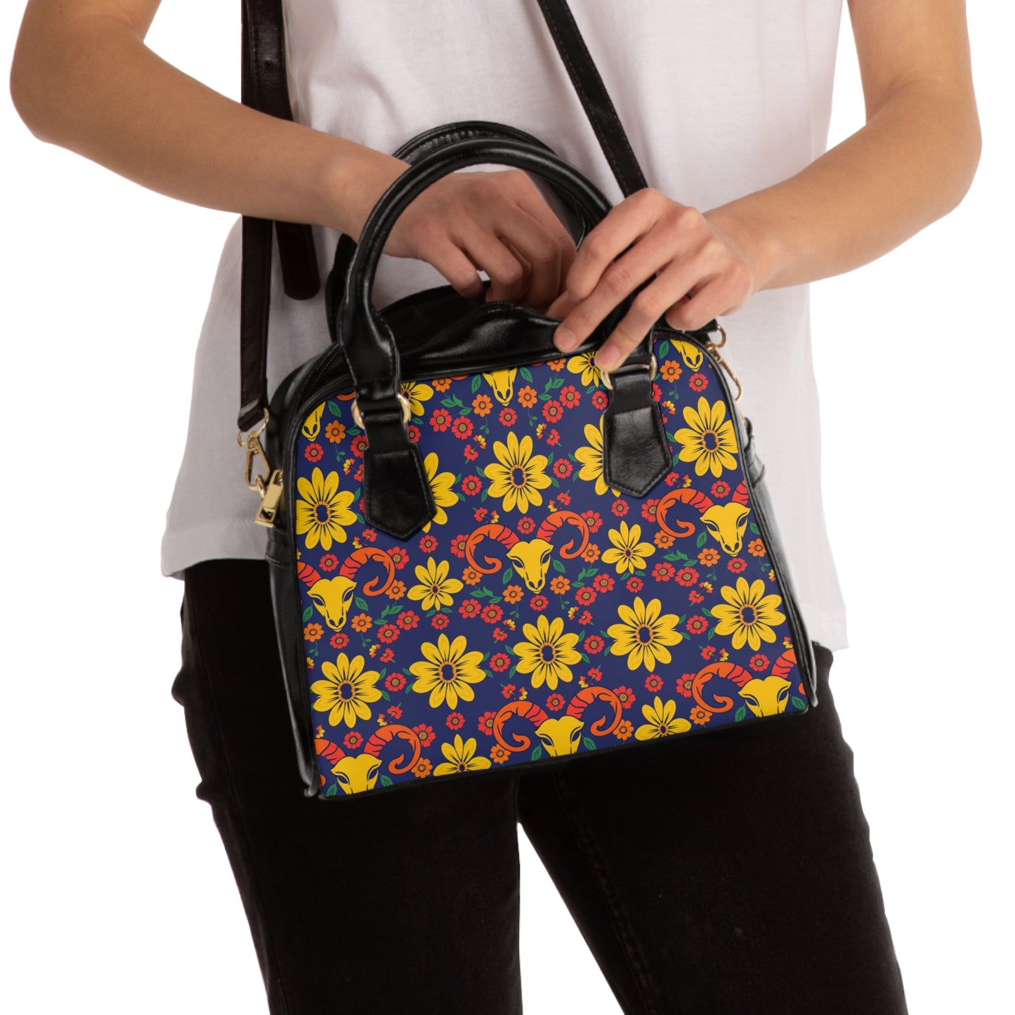 Shoulder Handbag, Aries, Zodiac v1, Flower Pattern