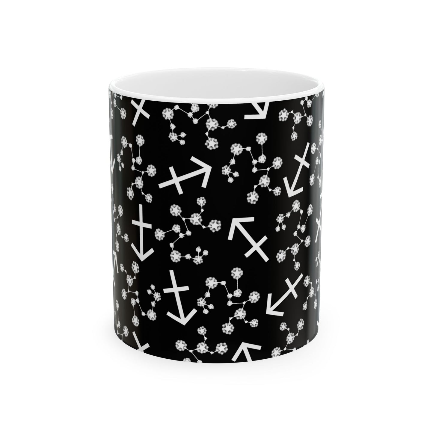 Ceramic Mug, (11oz, 15oz), Ceramic Coffee Mug, Black AOP, Sagittarius Zodiac Design