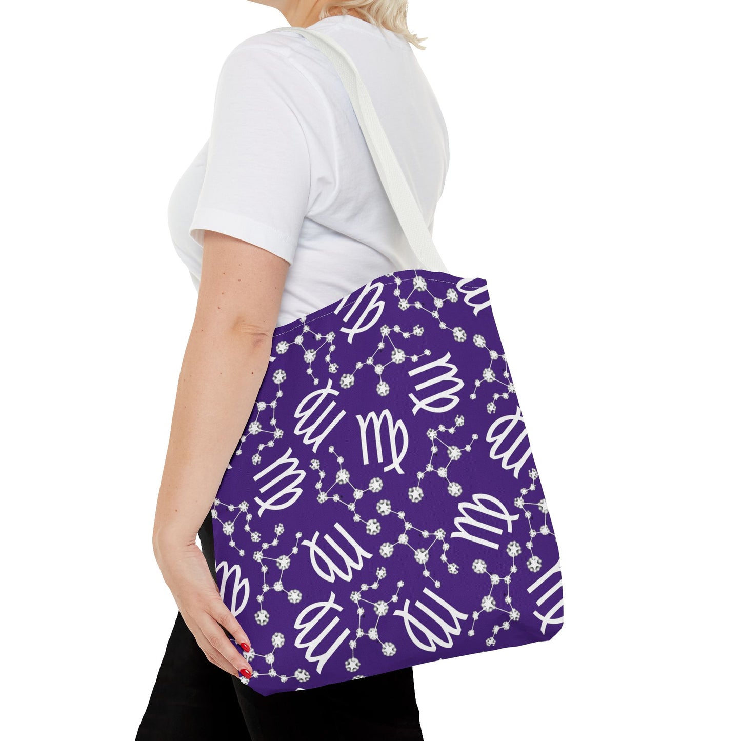 Tote Bag, Virgo Zodiac Sign, AOP, (Purple, White)
