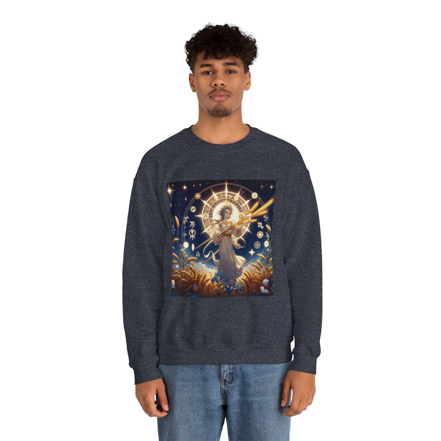 Unisex Heavy Blend™ Crewneck Sweatshirt, anime girl in wheat field, Virgo Zodiac Design