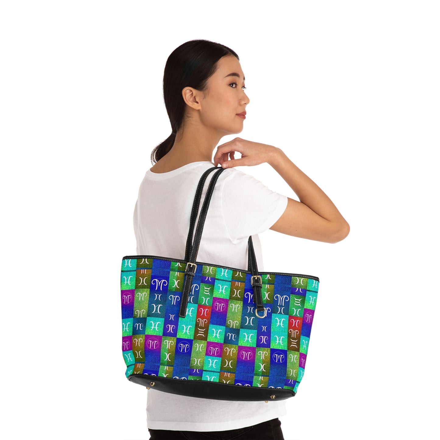 Leather Shoulder Bag, Aquarius, Zodiac v2, Shapes Pattern