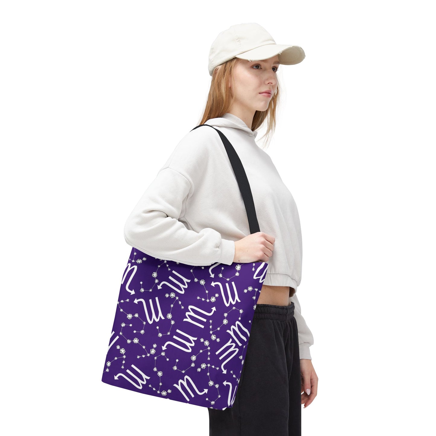 Tote Bag, Scorpio Zodiac Sign, AOP, (Purple, White)