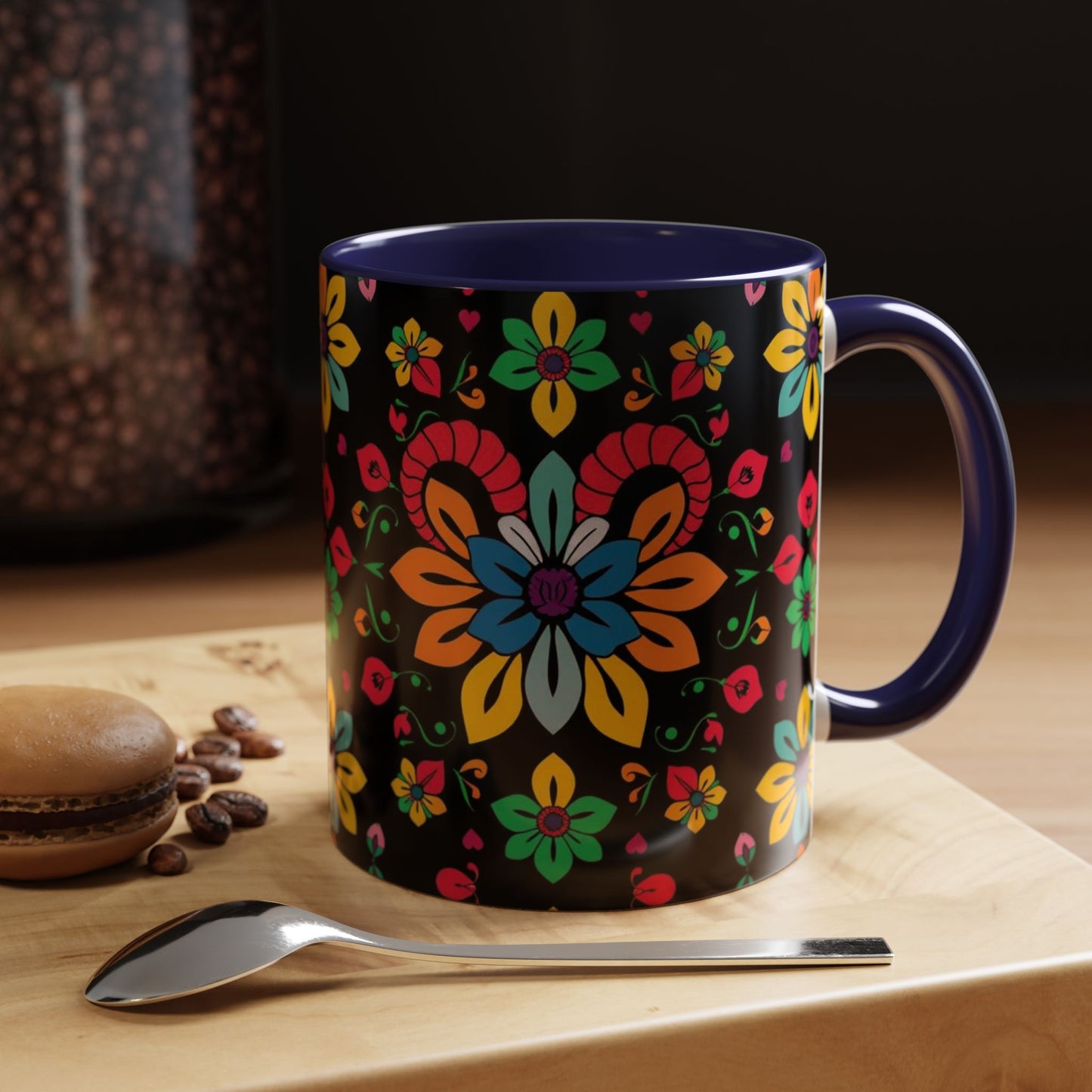 Accent Coffee Mug, Aries, Zodiac v3, Flower Pattern, (11, 15oz)