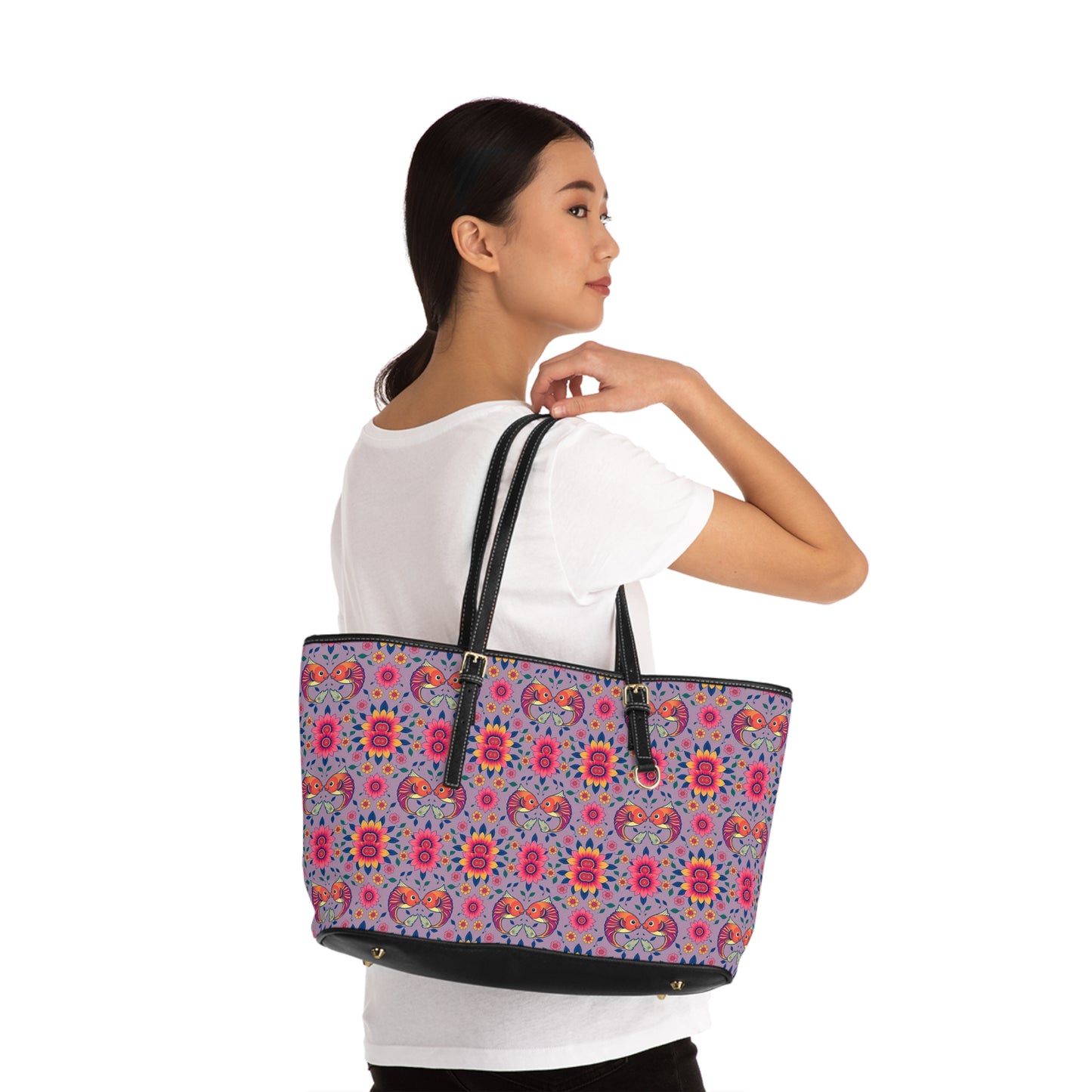 Leather Shoulder Bag, Pisces, Zodiac v1, Flower Pattern