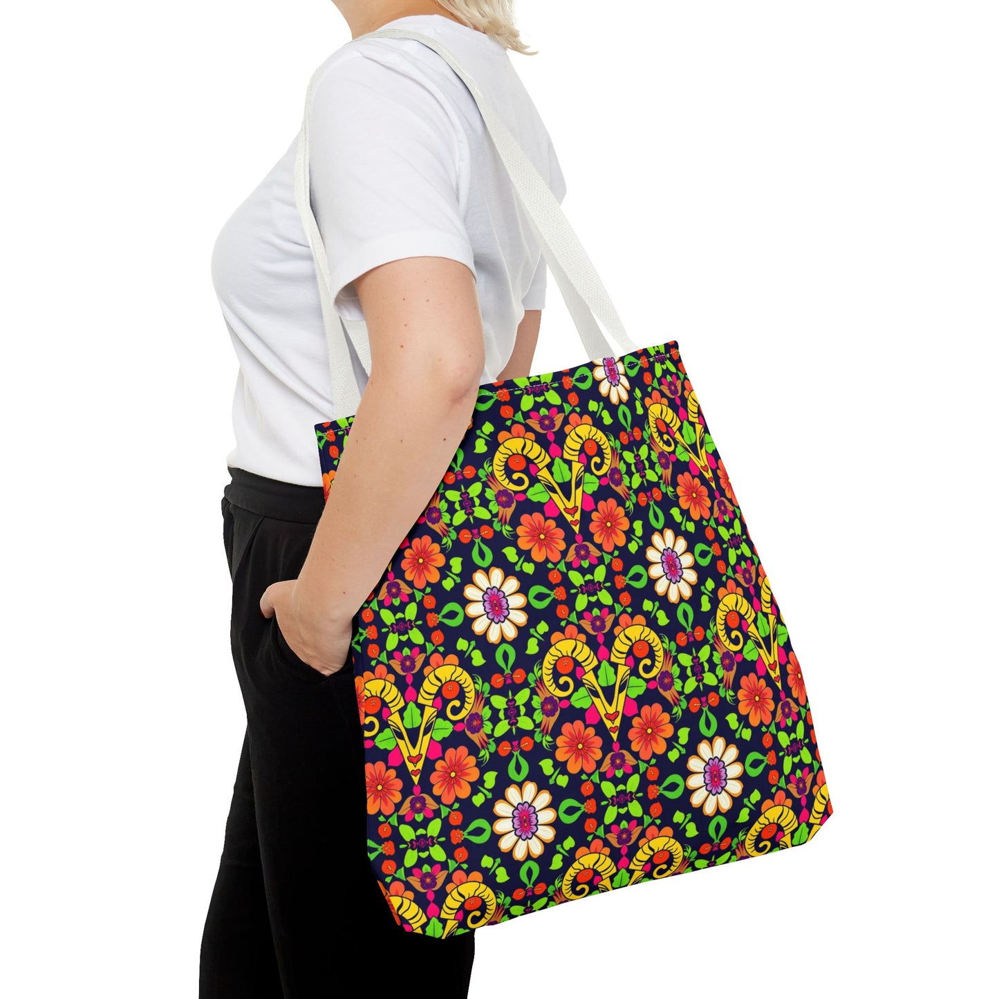 Tote Bag (AOP), Aries, Zodiac, Flower Pattern