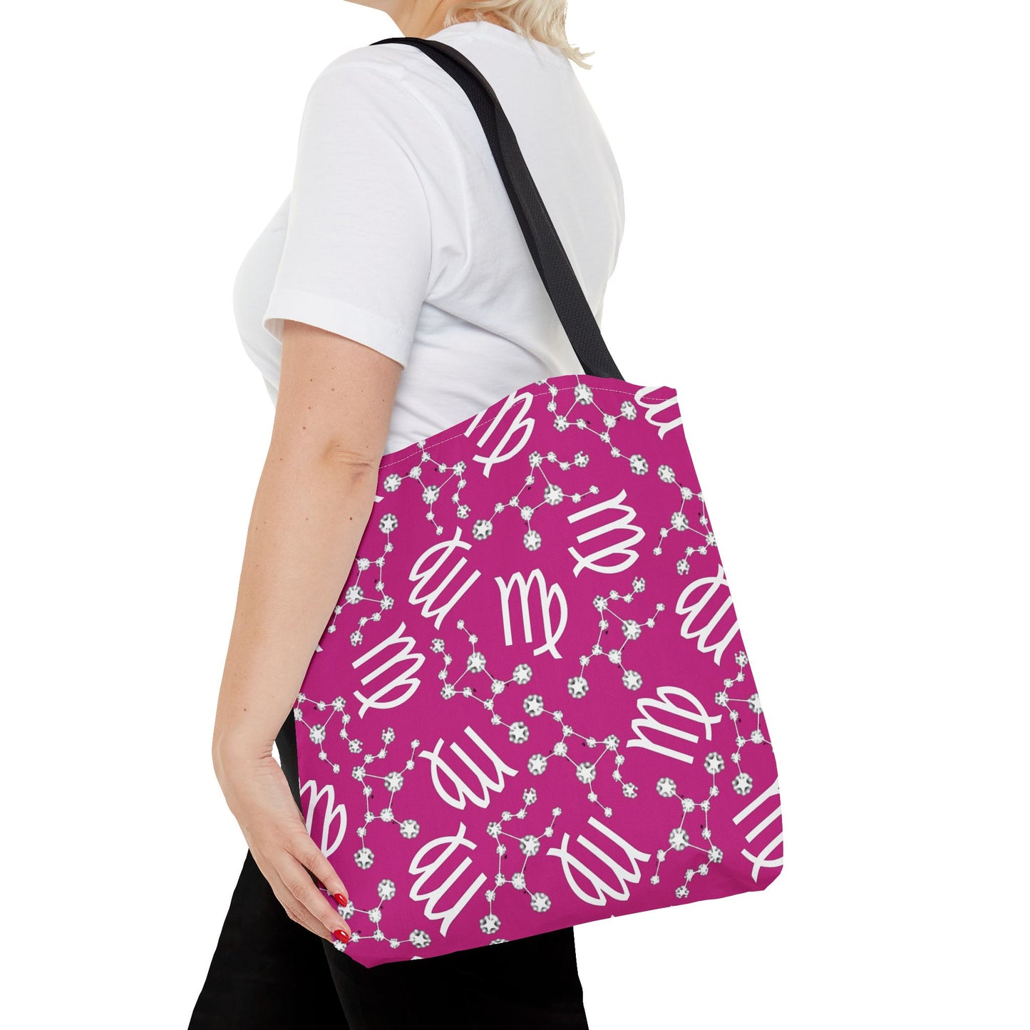 Tote Bag, Virgo Zodiac Sign, AOP, (Pink, White)