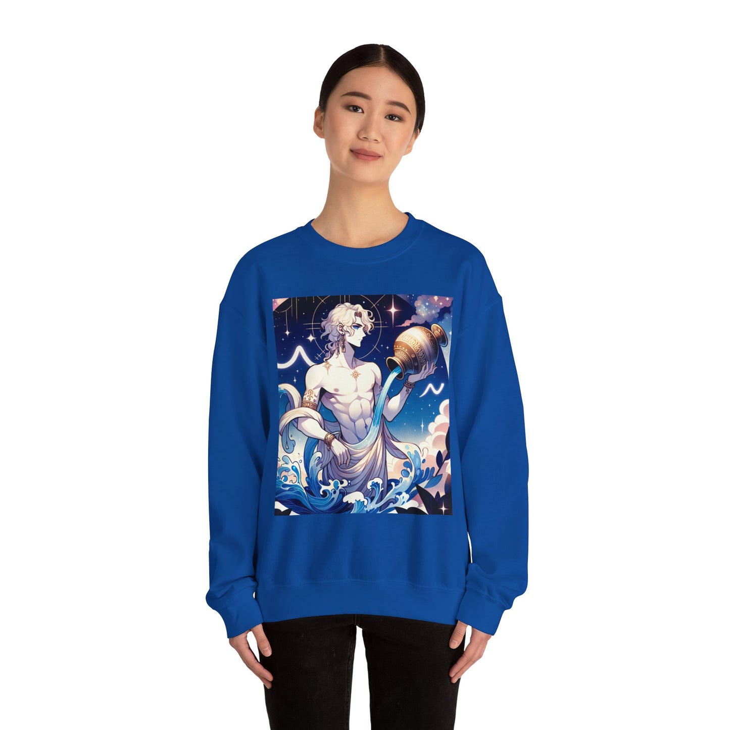 Unisex Heavy Blend™ Crewneck Sweatshirt, Anime Aqua God, Aquarius Zodiac Design