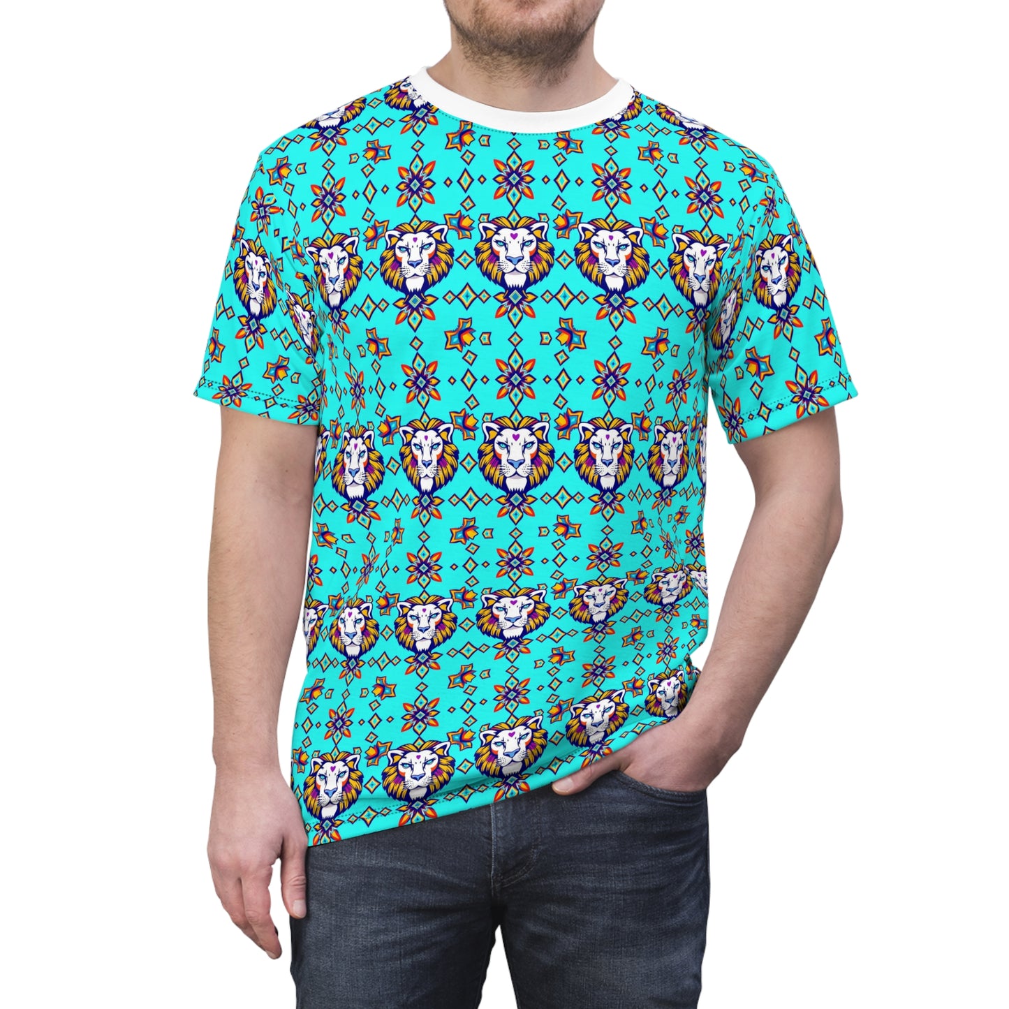 Unisex Cut & Sew T-Shirt, (AOP), Leo, Zodiac v4, Jewels Pattern