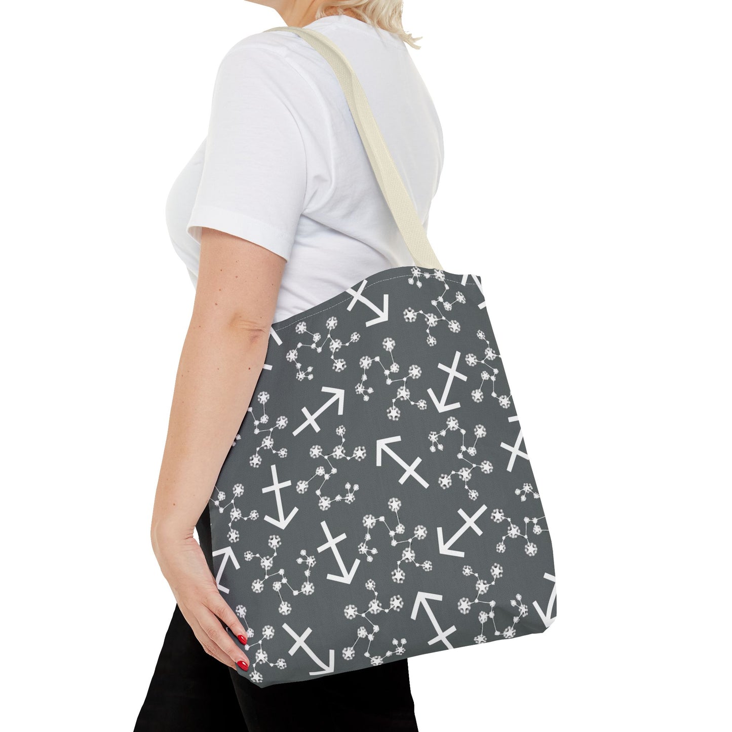Tote Bag, Sagittarius Zodiac Sign, AOP, (Grey, White Print)