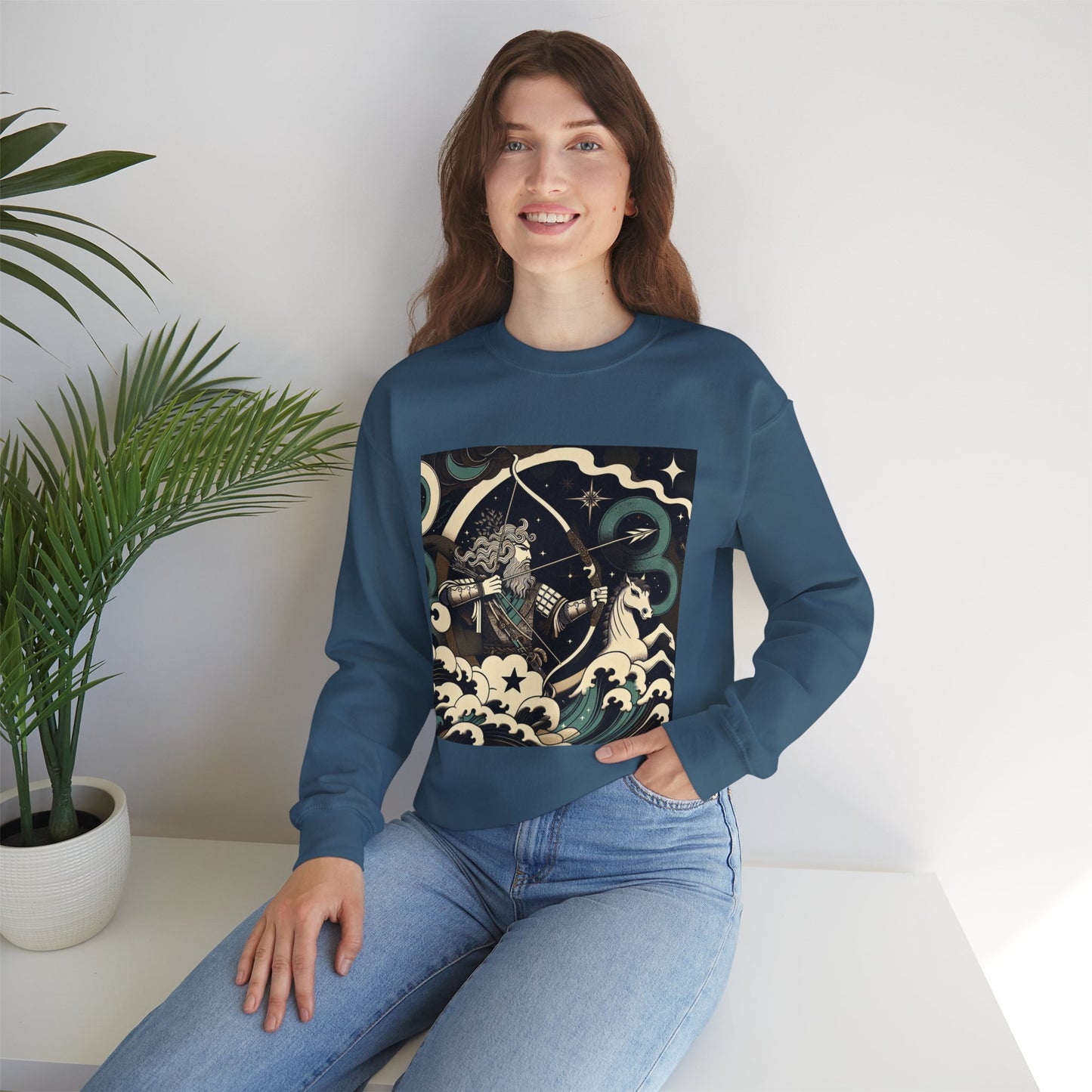 Unisex Heavy Blend™ Crewneck Sweatshirt, Man With Arrow Sagittarius Zodiac Design