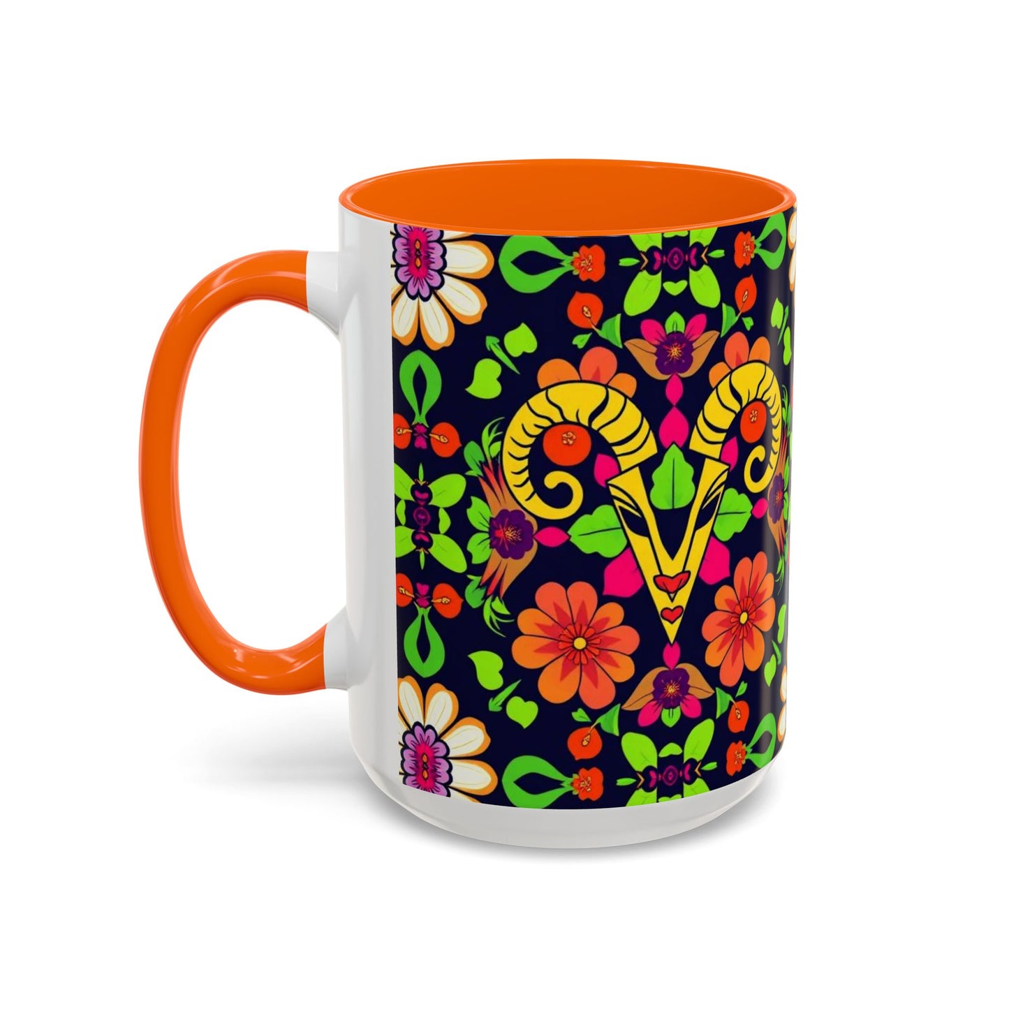 Accent Coffee Mug, Aries, Zodiac v2, Flower Pattern, (11, 15oz)