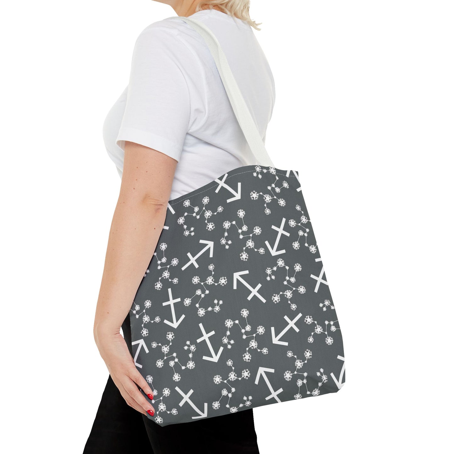 Tote Bag, Sagittarius Zodiac Sign, AOP, (Grey, White Print)