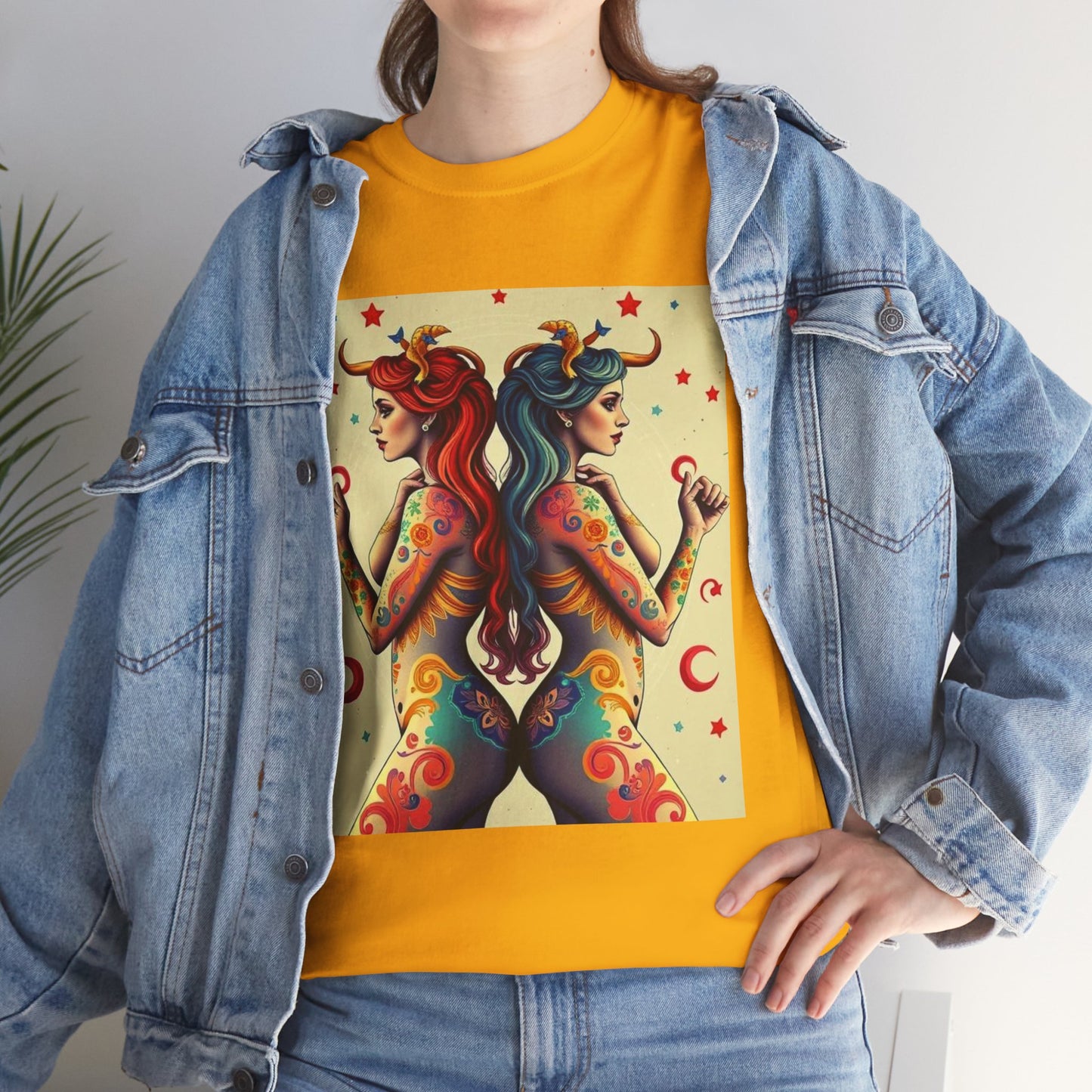Unisex Heavy Cotton T-Shirt, Gemini, Zodiac v4, Sexy Art