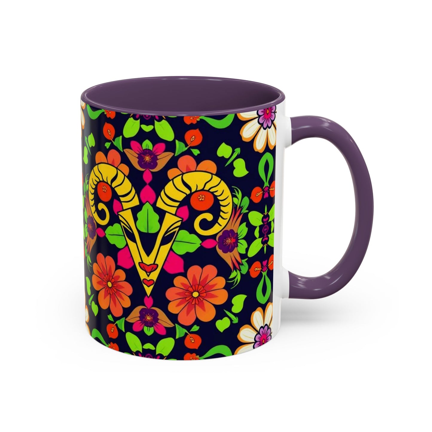 Accent Coffee Mug, Aries, Zodiac v2, Flower Pattern, (11, 15oz)