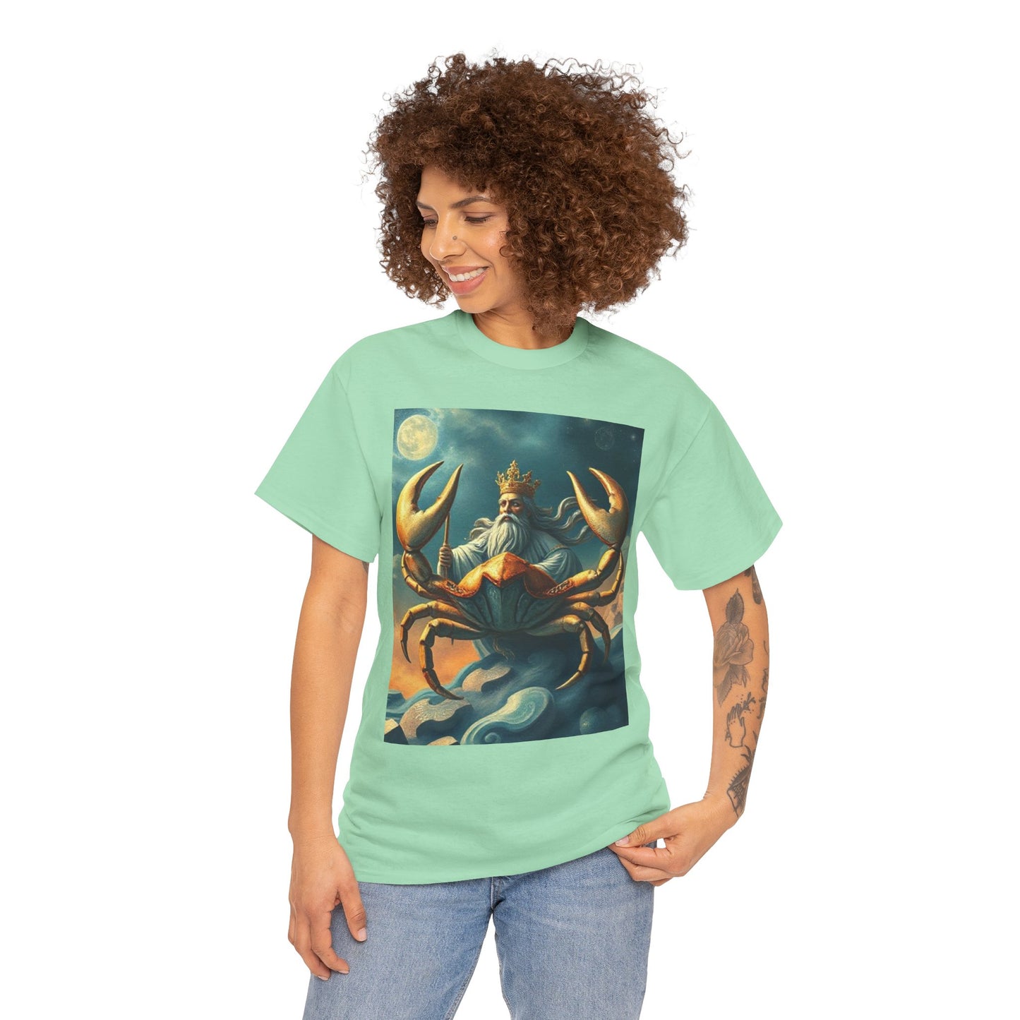 Unisex Heavy Cotton T-Shirt, Crustacean King v1, Cancer Zodiac Design