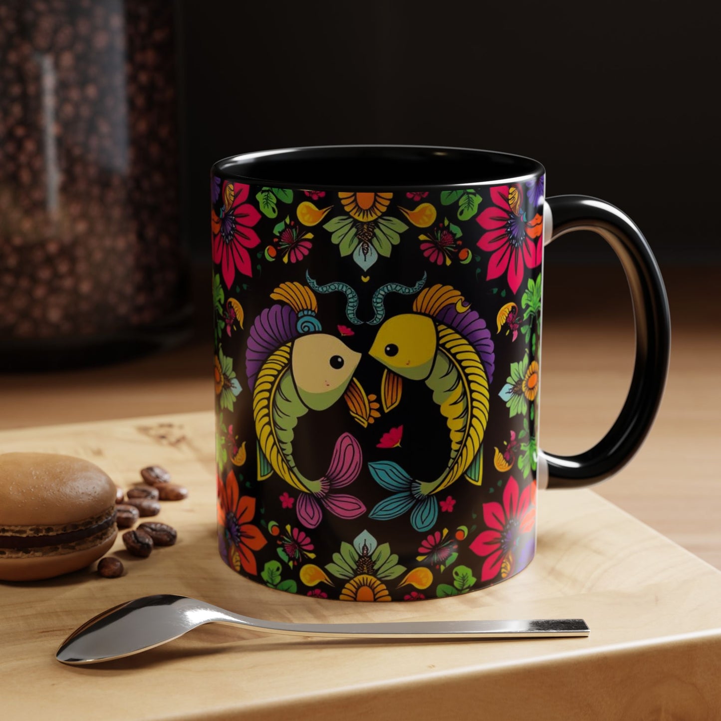 Accent Coffee Mug, Pisces, Zodiac v3, Flower Pattern, (11, 15oz)