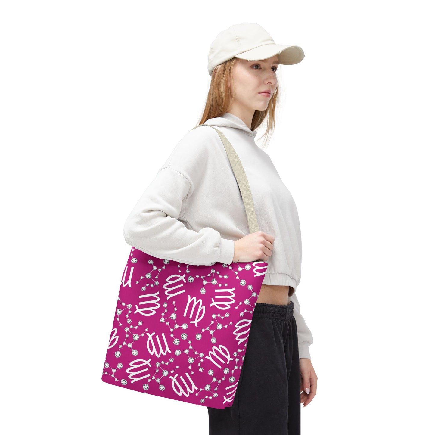 Tote Bag, Virgo Zodiac Sign, AOP, (Pink, White)