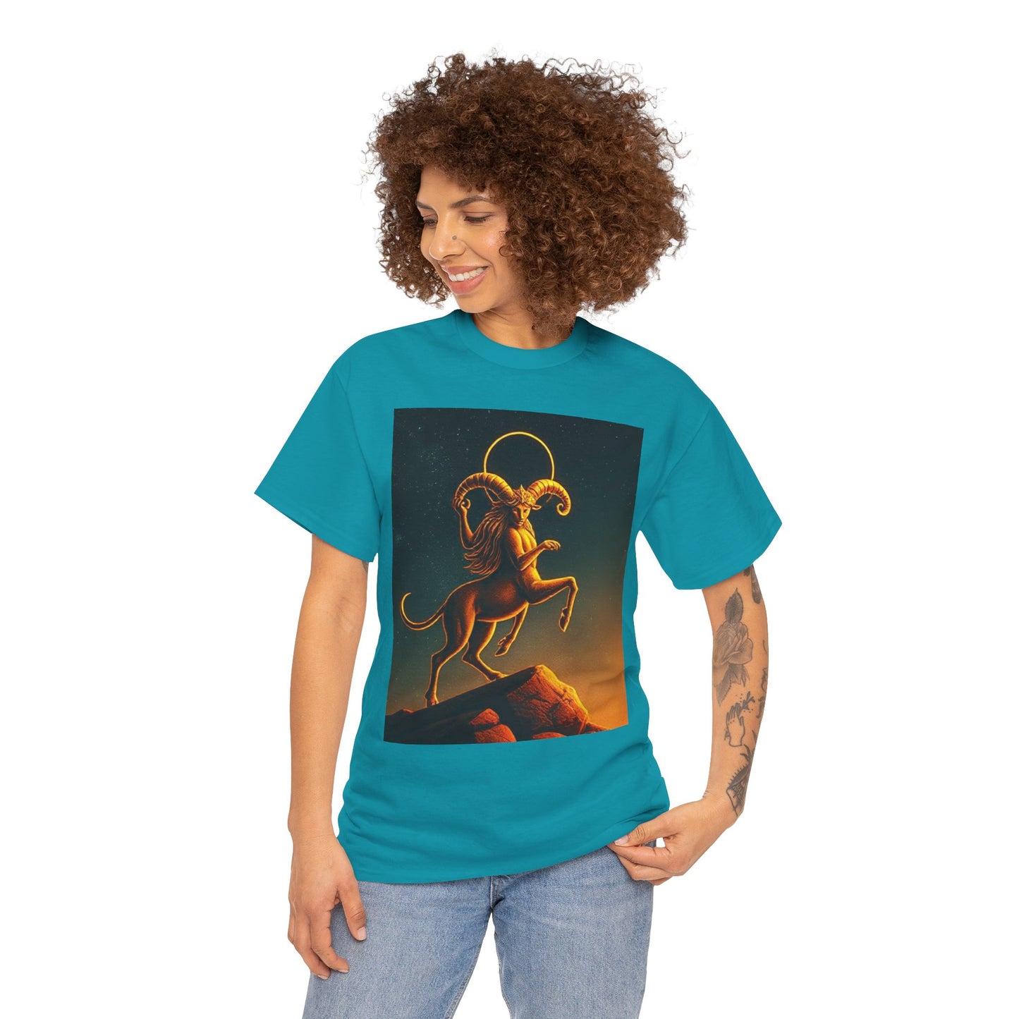 Unisex Heavy Cotton T-Shirt, Mountain Top, Aries Zodiac Design