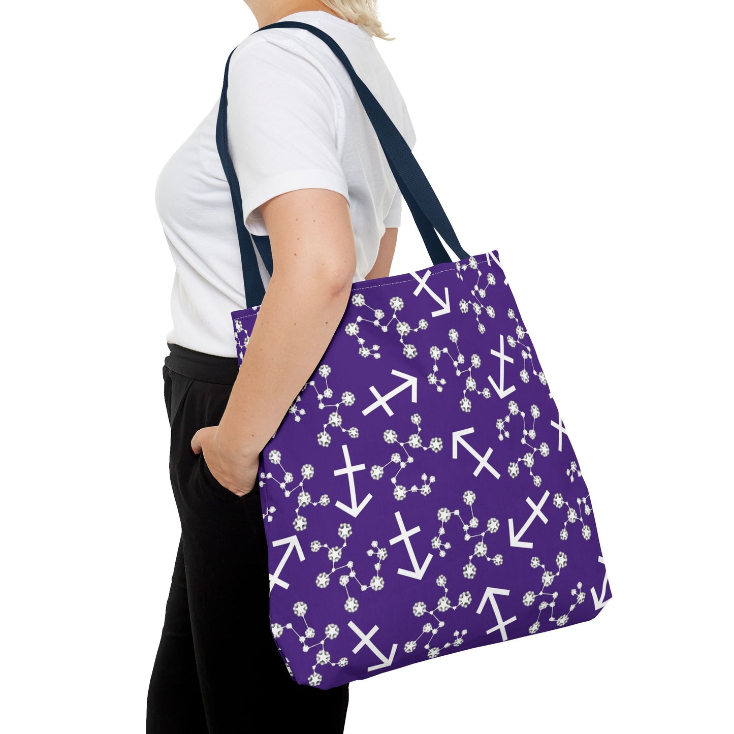 Tote Bag, Sagittarius Zodiac Sign, AOP, (Purple, White Print)