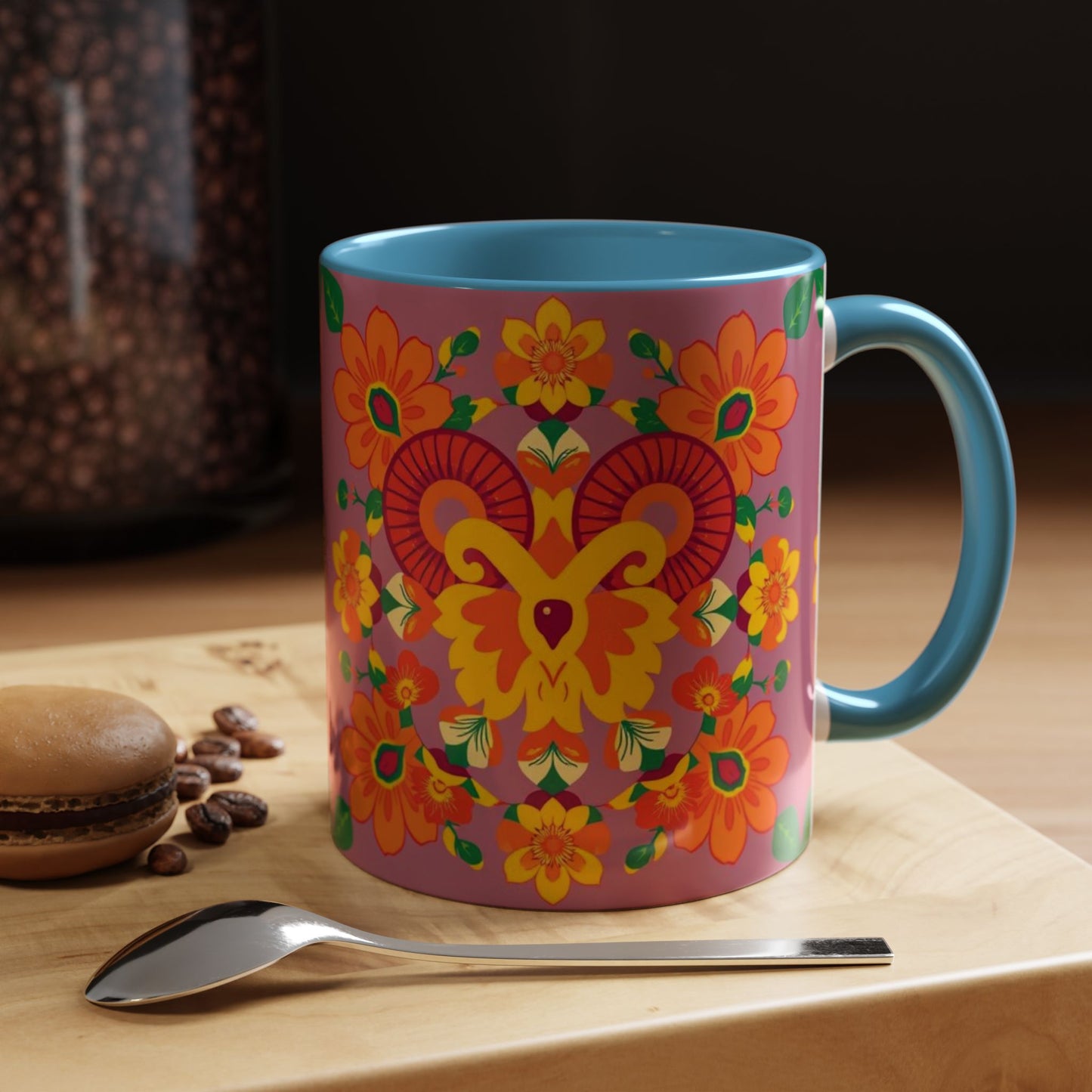 Accent Coffee Mug, Aries, Zodiac v1, Flower Pattern, (11, 15oz)